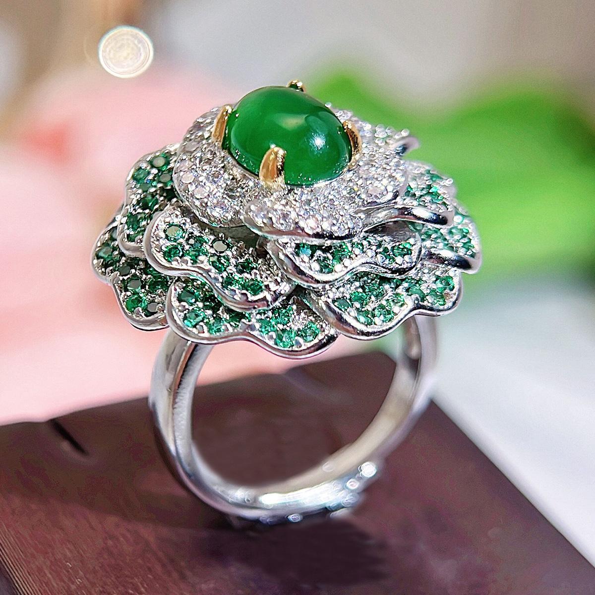 CMM Statement Big 3D Flower Adjustable Ring Micro Tiny Paved Oval Green CZ Zircon Cocktail Party Jewelry