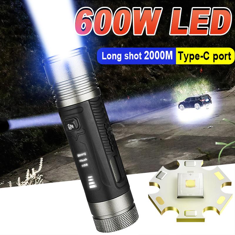 Перезаряжаемый фонарик 600 Вт, сверхмощная вспышка, мощный сильный свет, светодиодный фонарь для кемпинга