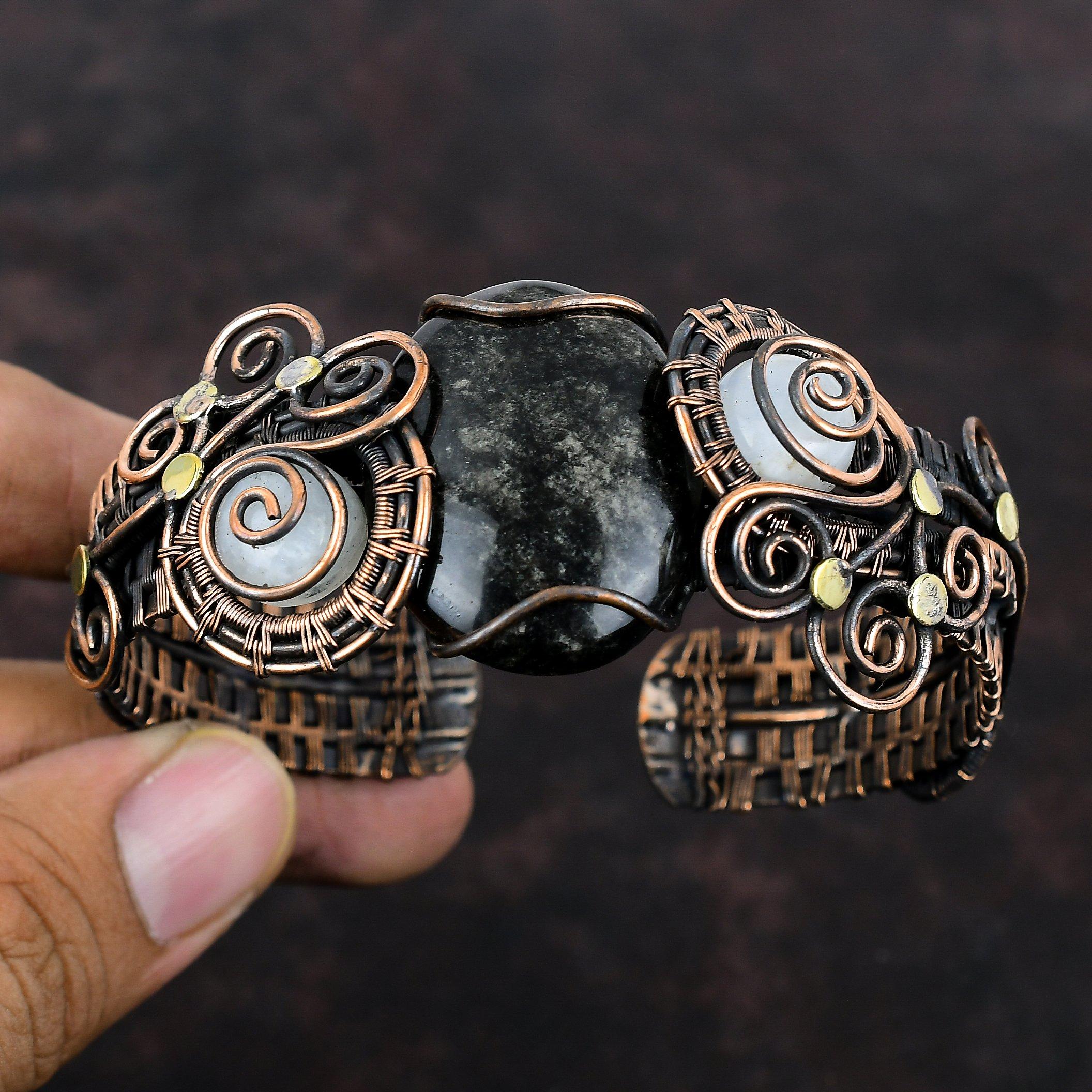 Серебряный браслет с обсидианом и радужным лунным камнем, браслет-манжета из медной проволоки с драгоценными камнями, регулируемый браслет-манжета, ювелирные изделия ручной работы для подарков