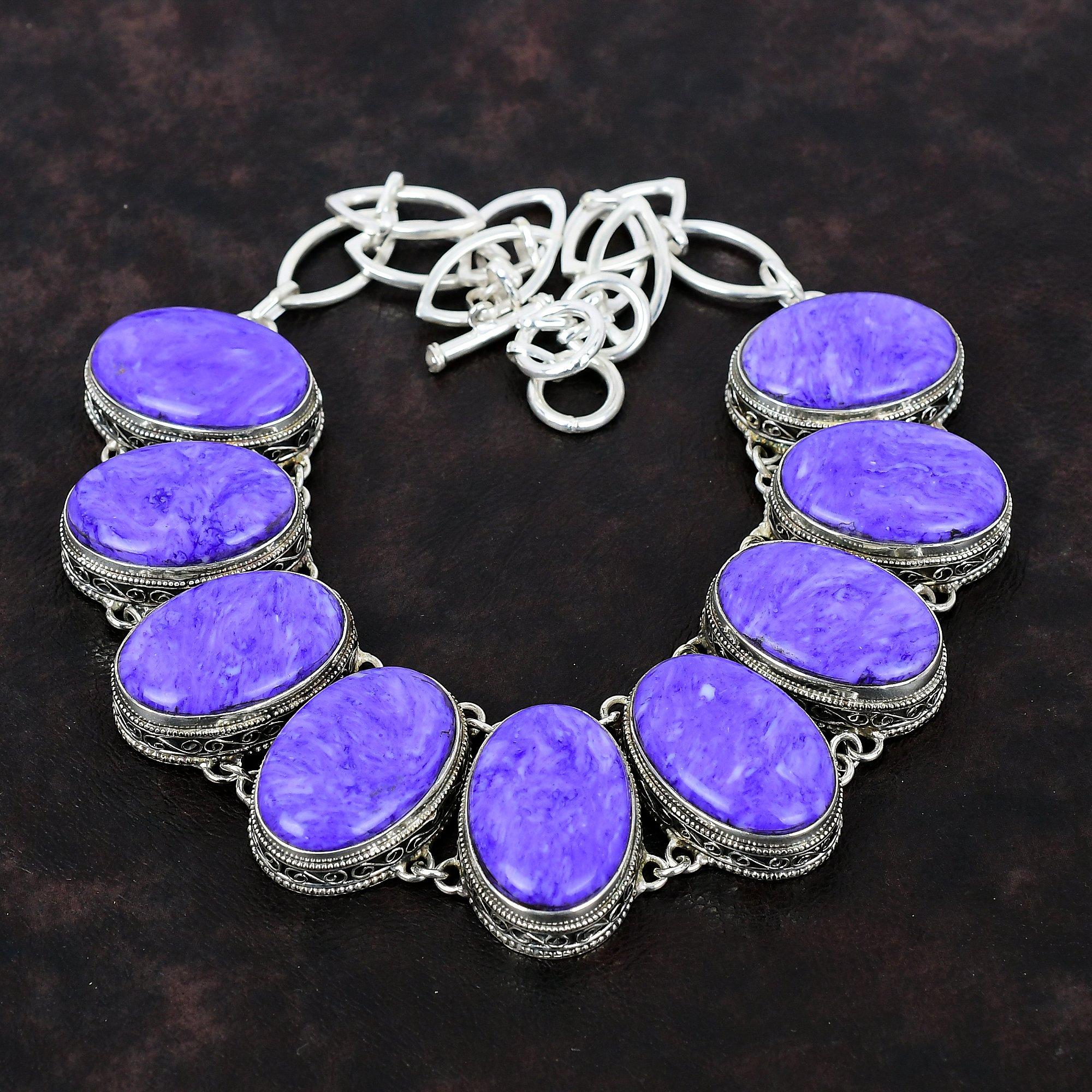 Ожерелье с чароитом, винтажное ожерелье, ювелирные изделия из настоящего драгоценного камня, ожерелье из стерлингового серебра 925 пробы, регулируемое ожерелье-цепочка, ювелирные изделия ручной работы для подарка