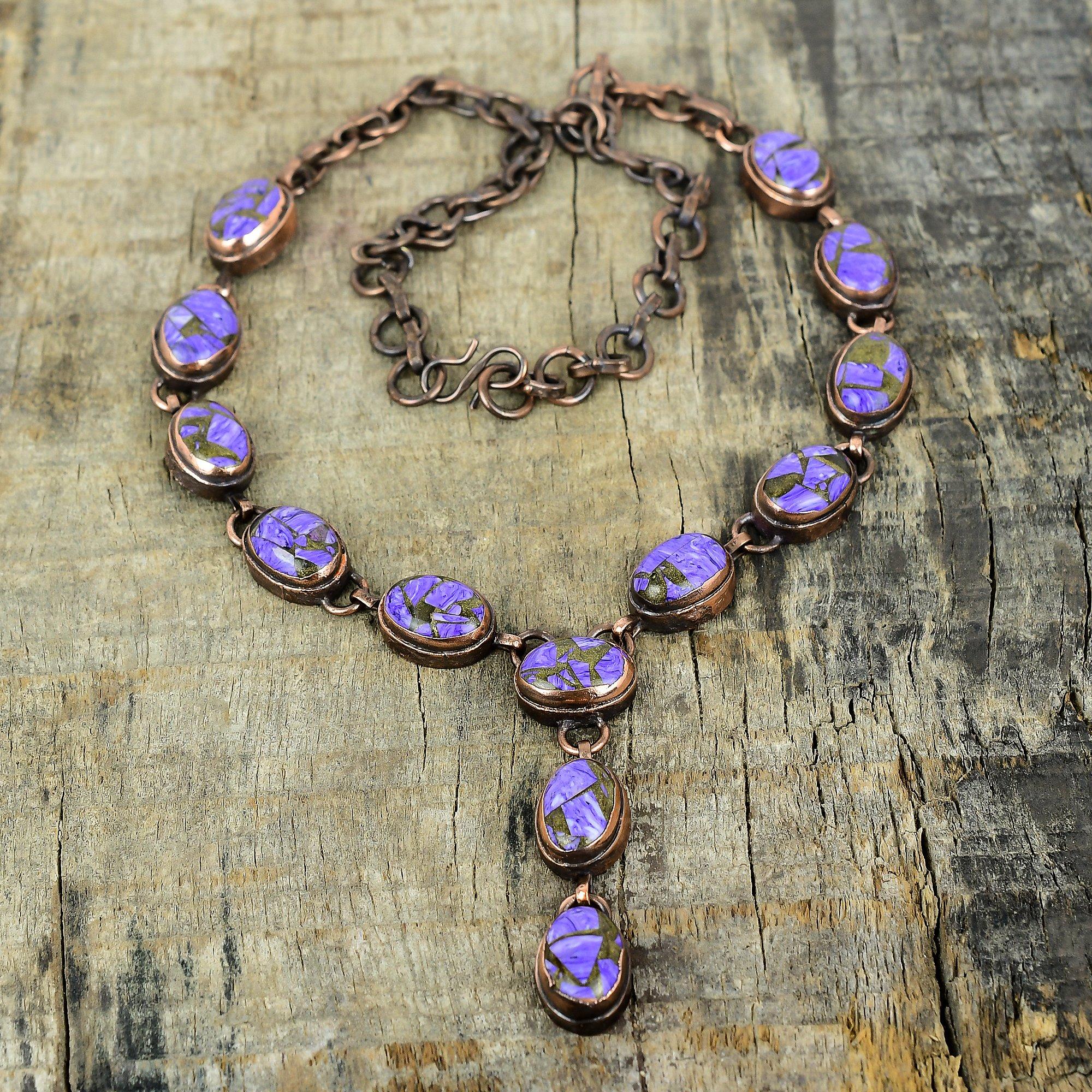 Медное колье с чароитом, колье из электроформированной меди, колье с регулируемой цепочкой, украшения с драгоценными камнями, ручная работа, колье с камнем рождения, подарки для нее