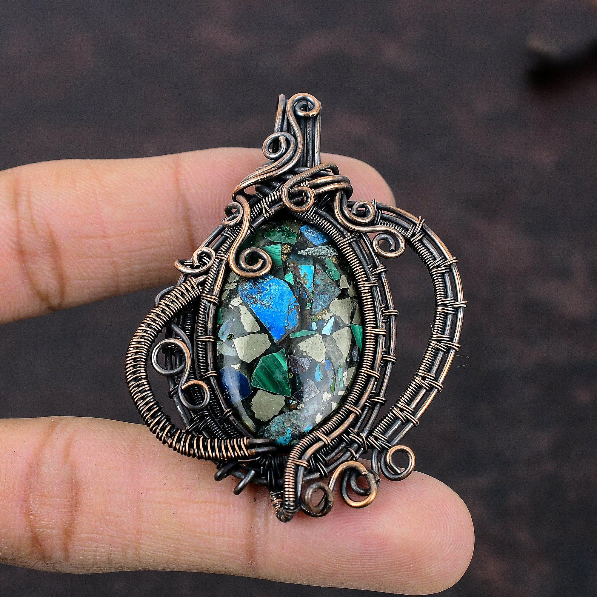 Copper Azurite Malachite Pendant Copper Wire Wrapped Pendant Gemstone Copper Jewelry Elegant Pendant Handmade Wire Wrap Jewelry Gift For Her