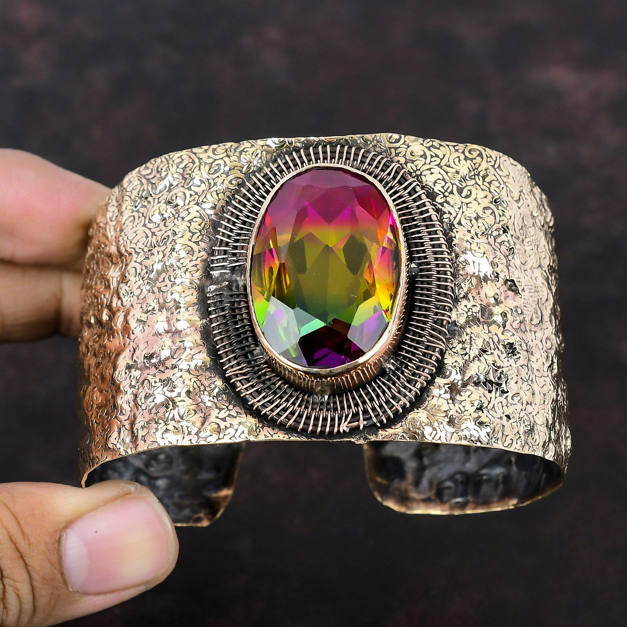 Браслет с граненым турмалином, регулируемый браслет-манжета с медной проволокой, браслет ручной работы с драгоценными камнями, старинные медные украшения, подарок на помолвку