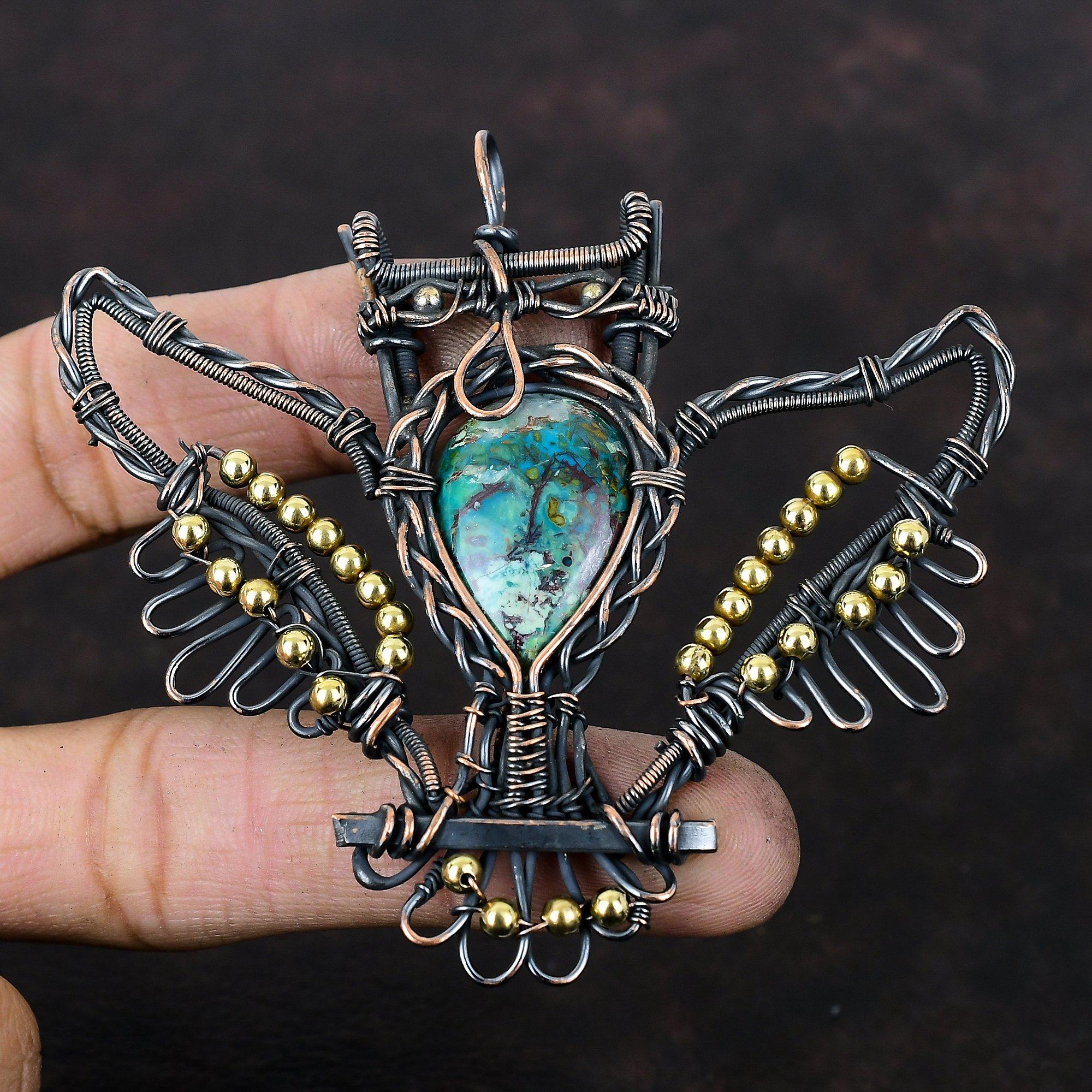 Azurite Malachite Pendant Copper Wire Wrapped Pendant Gemstone Owl Pendant Handmade Copper Jewelry Unique Pendant Wire Wrap Jewelry For Gift