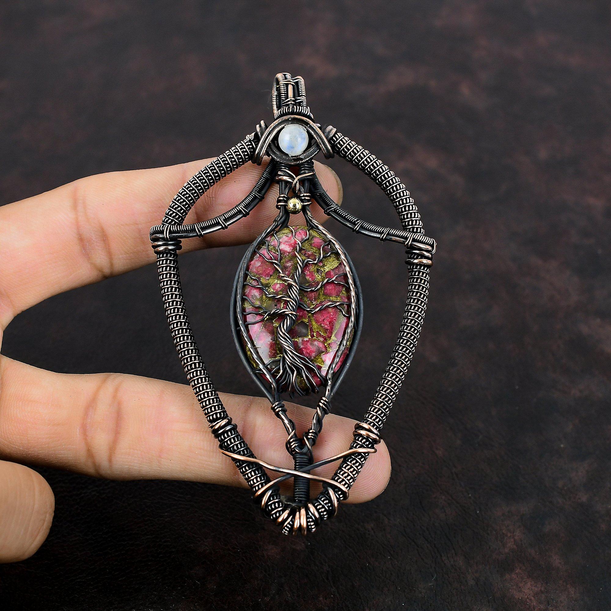 Древо жизни Медный кулон Тулит Медная проволока Обернутая радужным лунным камнем подвеска ручной работы Медная проволока Драгоценный камень ювелирные изделия Подарок для мамы