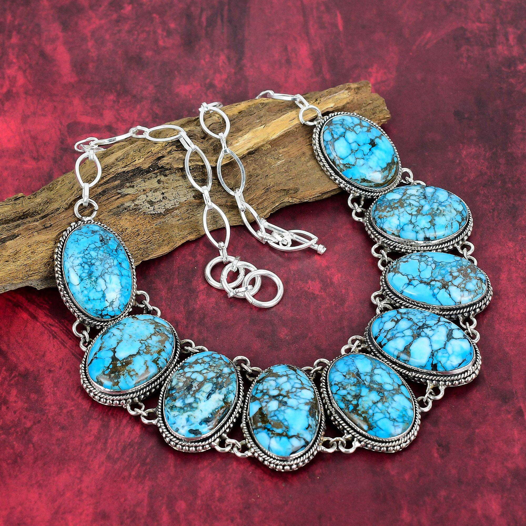 Blue Turquoise Handmade Gemstone Necklace, 925 Solid Sterling Silver Antique Jewelry Adjustable Chain Necklace, For Engagement Gift