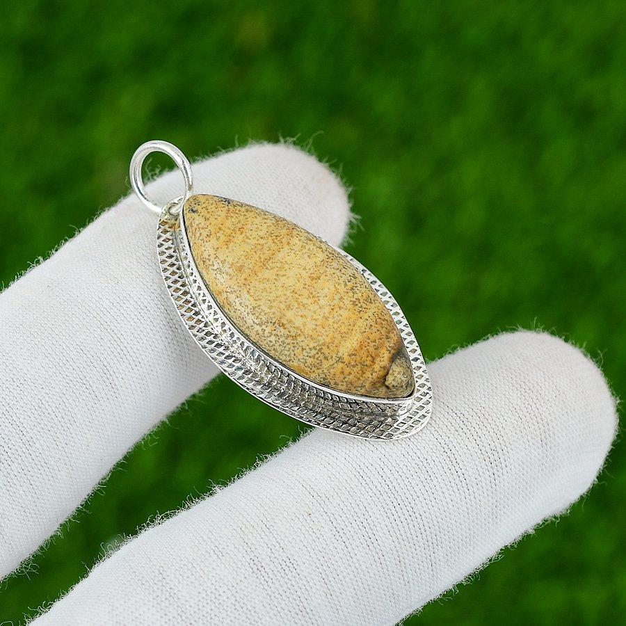 Подвеска из натурального камня яшмы-картины, серебро 925 пробы, индийские украшения