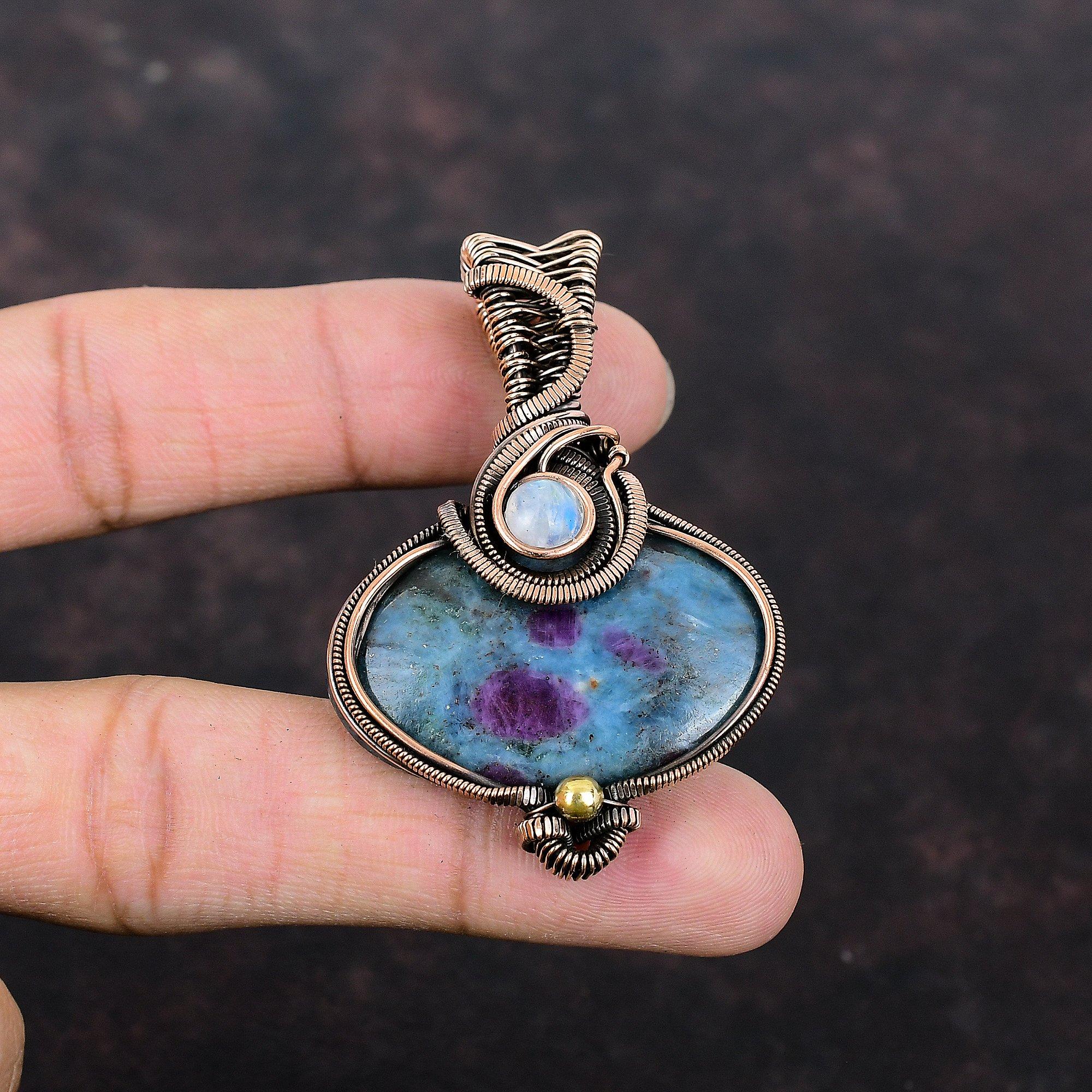 Рубиновый синий кианитовый кулон, медная проволока, кулон, драгоценный камень, медные украшения, лунный камень, кулон ручной работы, ювелирные изделия из проволочной обмотки, свадебный подарок