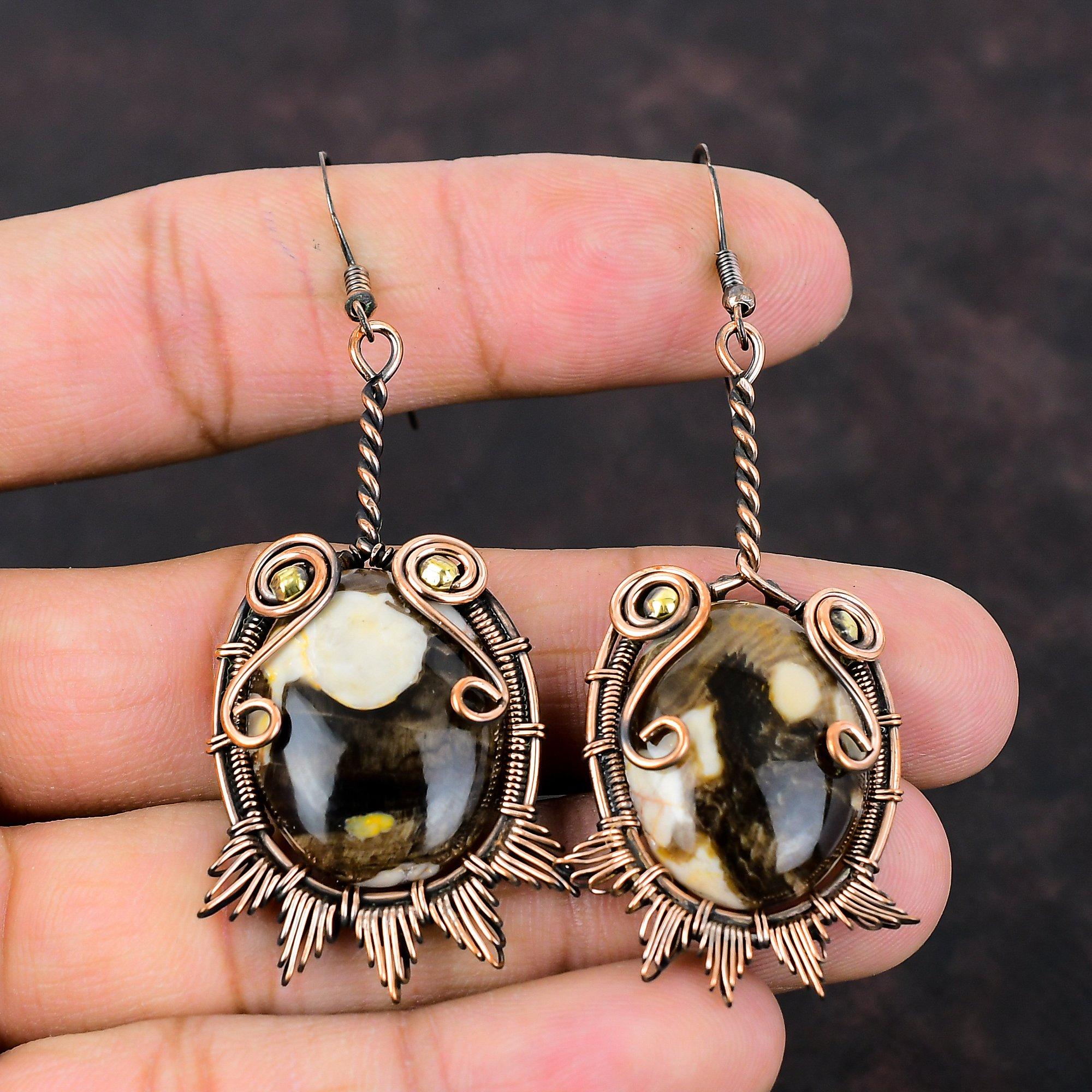 Серьги из арахисового дерева, яшмы, медная проволока, серьги, драгоценные камни, ювелирные изделия ручной работы, потрясающие серьги, подарок на годовщину, замечательные медные украшения