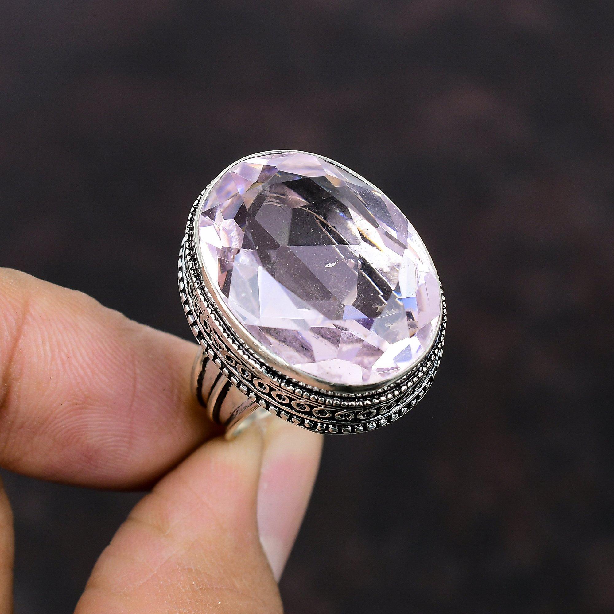 Граненое розовое кольцо с кунцитом, винтажное кольцо с драгоценными камнями, серебряное кольцо 925 пробы, изящное кольцо, серебряные украшения для подарка