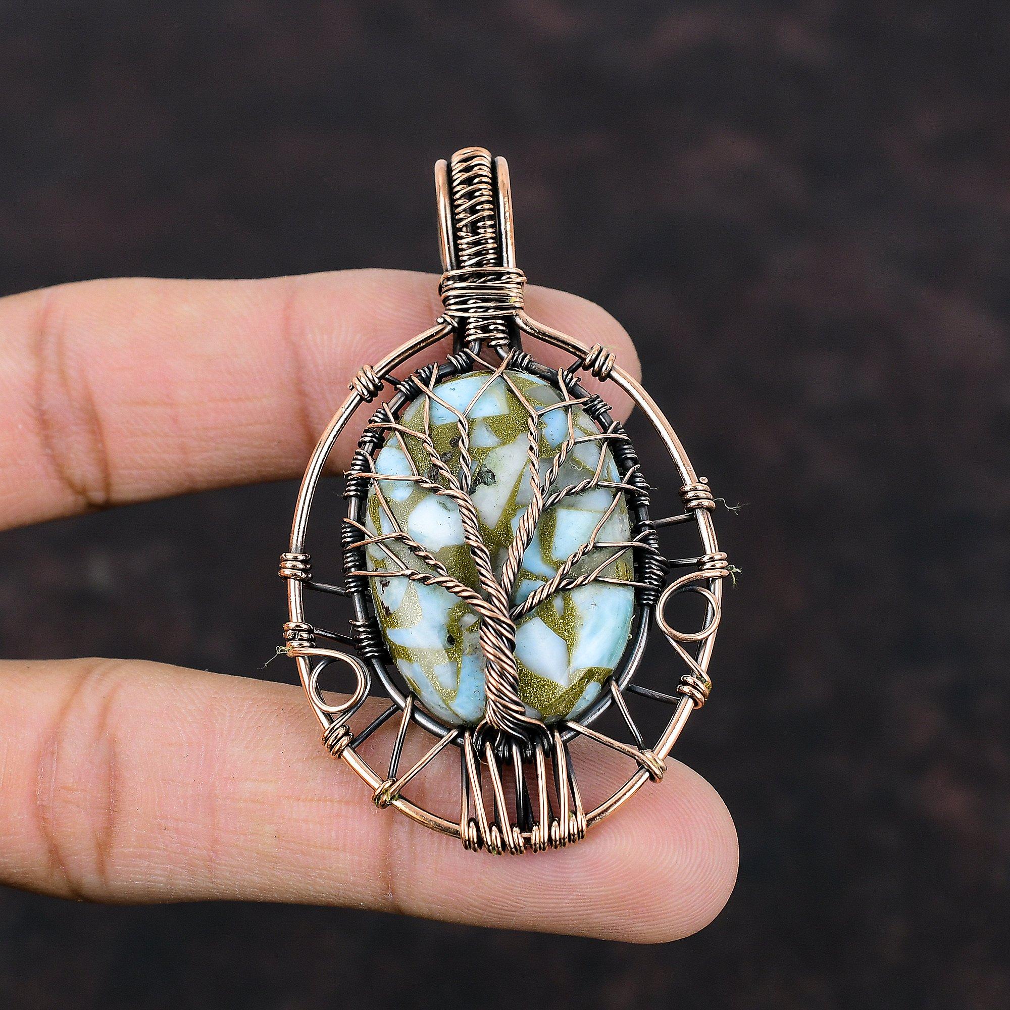 Древо жизни Медный ларимар Кулон Медная проволока Обернутая ювелирная подвеска ручной работы Высококачественные ювелирные изделия из драгоценных камней Подвески Медная проволока Обернутая ювелирная подвеска