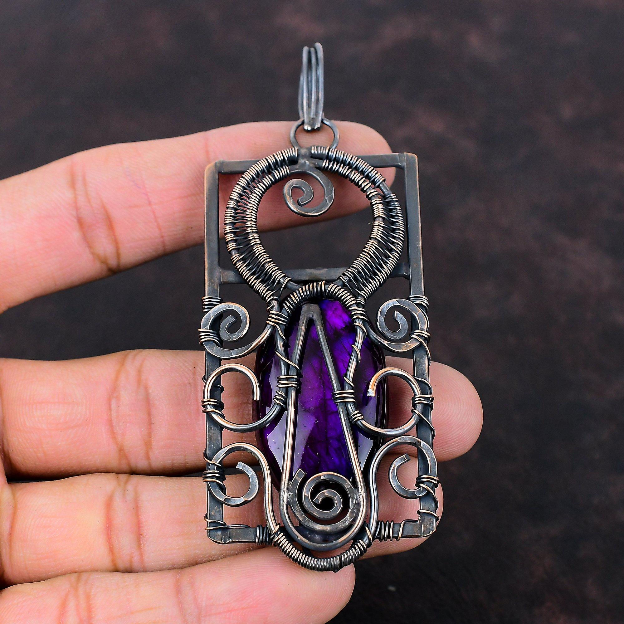 Кулон из фиолетового огненного лабрадорита, кулон, обернутый медной проволокой, оригинальный кулон с драгоценным камнем, медное украшение ручной работы, подарок для него, украшение, обернутое проволокой