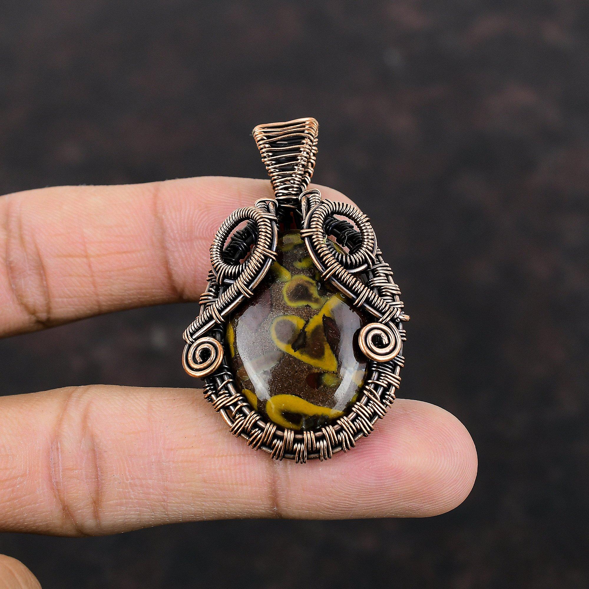 Кулон из фруктовой яшмы, медная проволока, кулон с драгоценными камнями, ювелирные изделия из фруктовой яшмы, кулон ручной работы, медные украшения для подарка, подвеска в стиле хиппи в стиле бохо