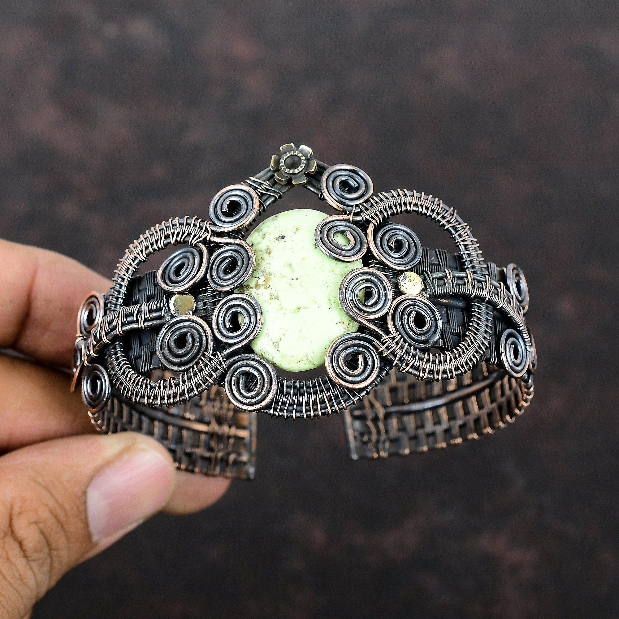 Браслет-манжета с лимонным хризопразом, медная проволока, браслет с драгоценными камнями, регулируемая манжета, браслет ручной работы, медные украшения для подарка, стильный браслет