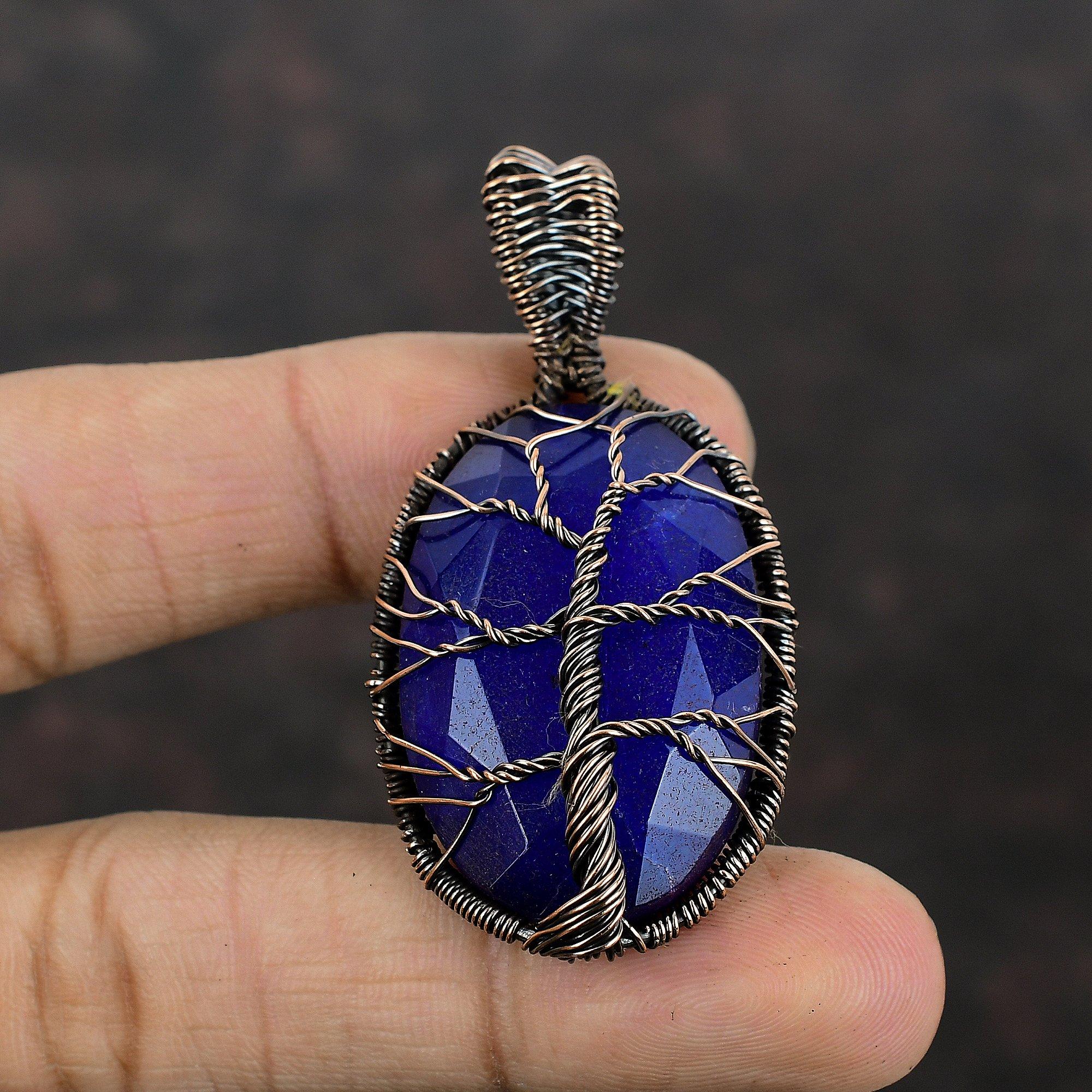 Древо жизни ограненный синий сапфир кулон медная проволока обернутый кулон ручной работы медная проволока обернутый ювелирный камень кулон для подарка