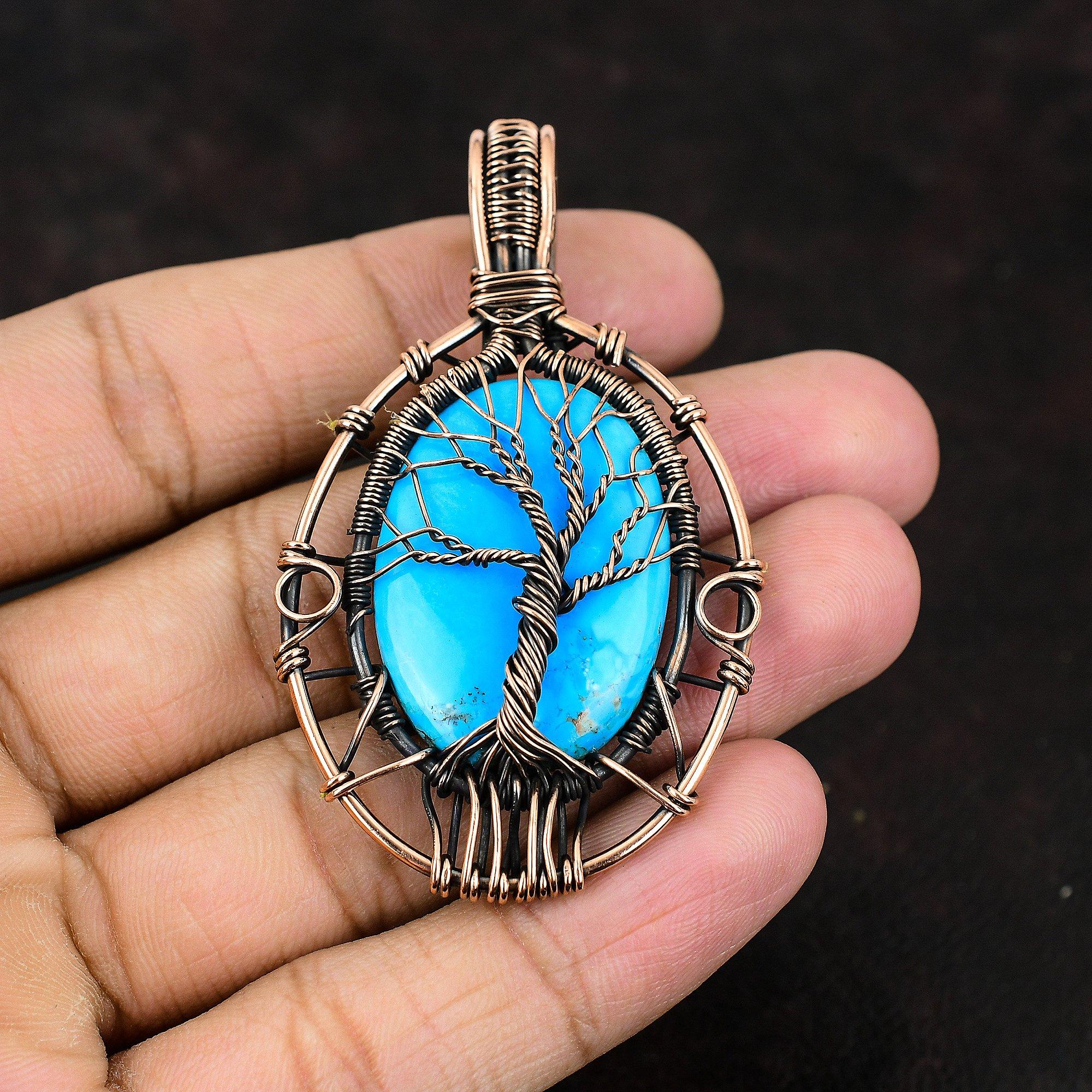 Tree Of Life Arizona Turquoise Pendant Copper Wire Wrapped Jewelry Gemstone Pendant Designer Pendant Gift For Him Arizona Turquoise Jewelry
