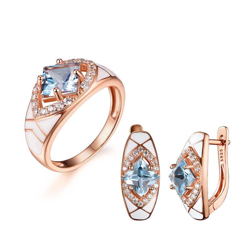 Натуральный небесно-голубой топаз, простые кольца и серьги, комплект украшений из розового золота 925 пробы, подарок на помолвку для девочек