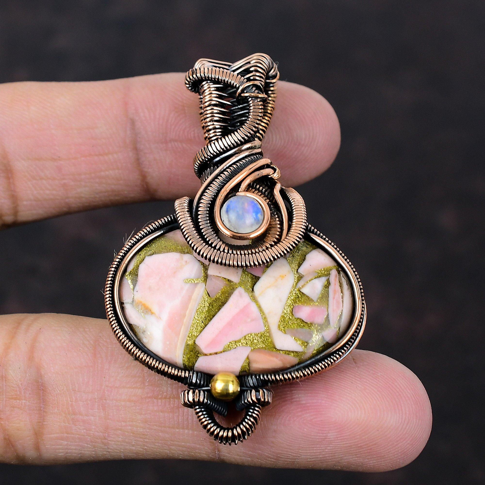 Медный кулон с розовым опалом, кулон из медной проволоки, кулон с радужным лунным камнем, натуральный драгоценный камень, кулон ручной работы, медный ювелирный подарок для нее