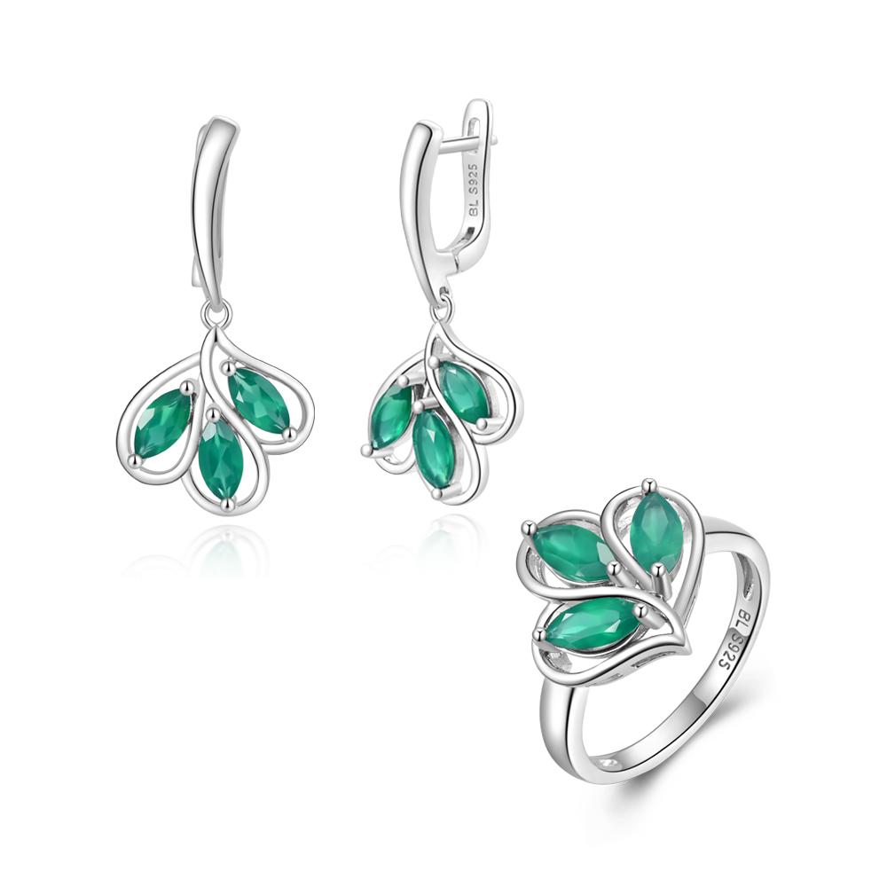 Романтичный дизайн в форме листа, натуральный зеленый агат, кольцо, серьги, комплект ювелирных изделий из серебра 925 пробы, изящные ювелирные украшения для женщин и девушек