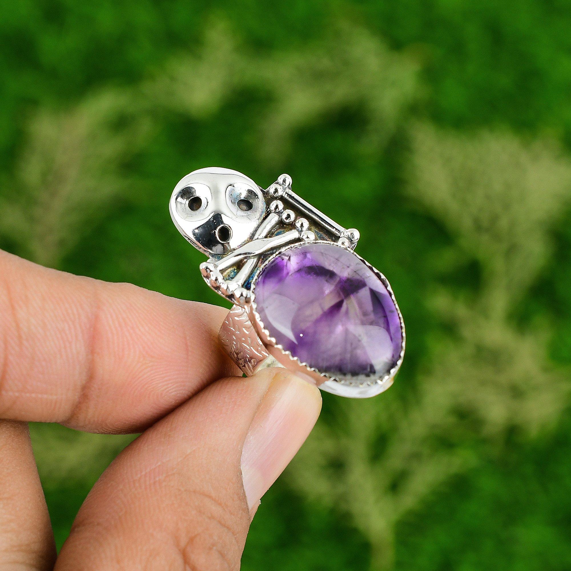 Natural Star Amethyst Promise Skull And Bone Purple Adjustable Ring 925 Silver