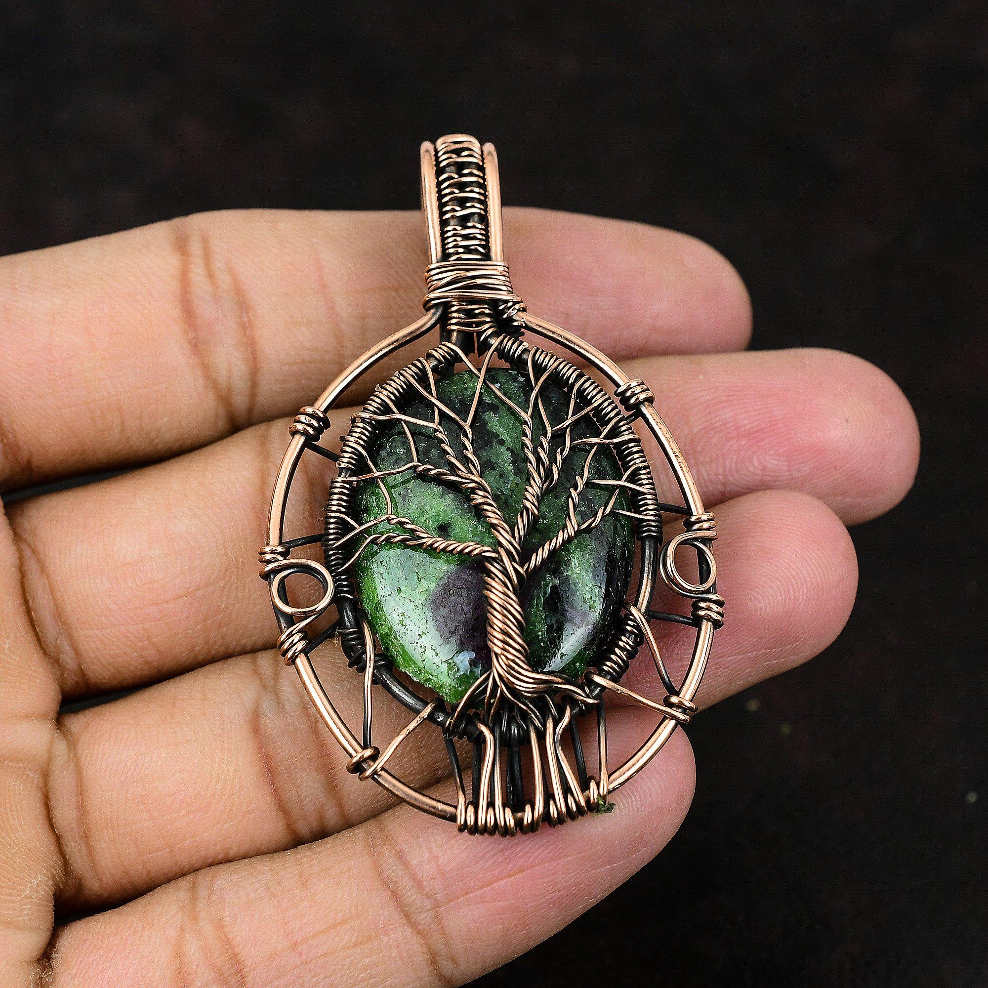 Древо жизни, кулон с рубином и цоизитом, медная проволока, кулон, драгоценный камень, медные украшения, кулон ручной работы, кулон с рубином и цоизитом, подарок для мамы