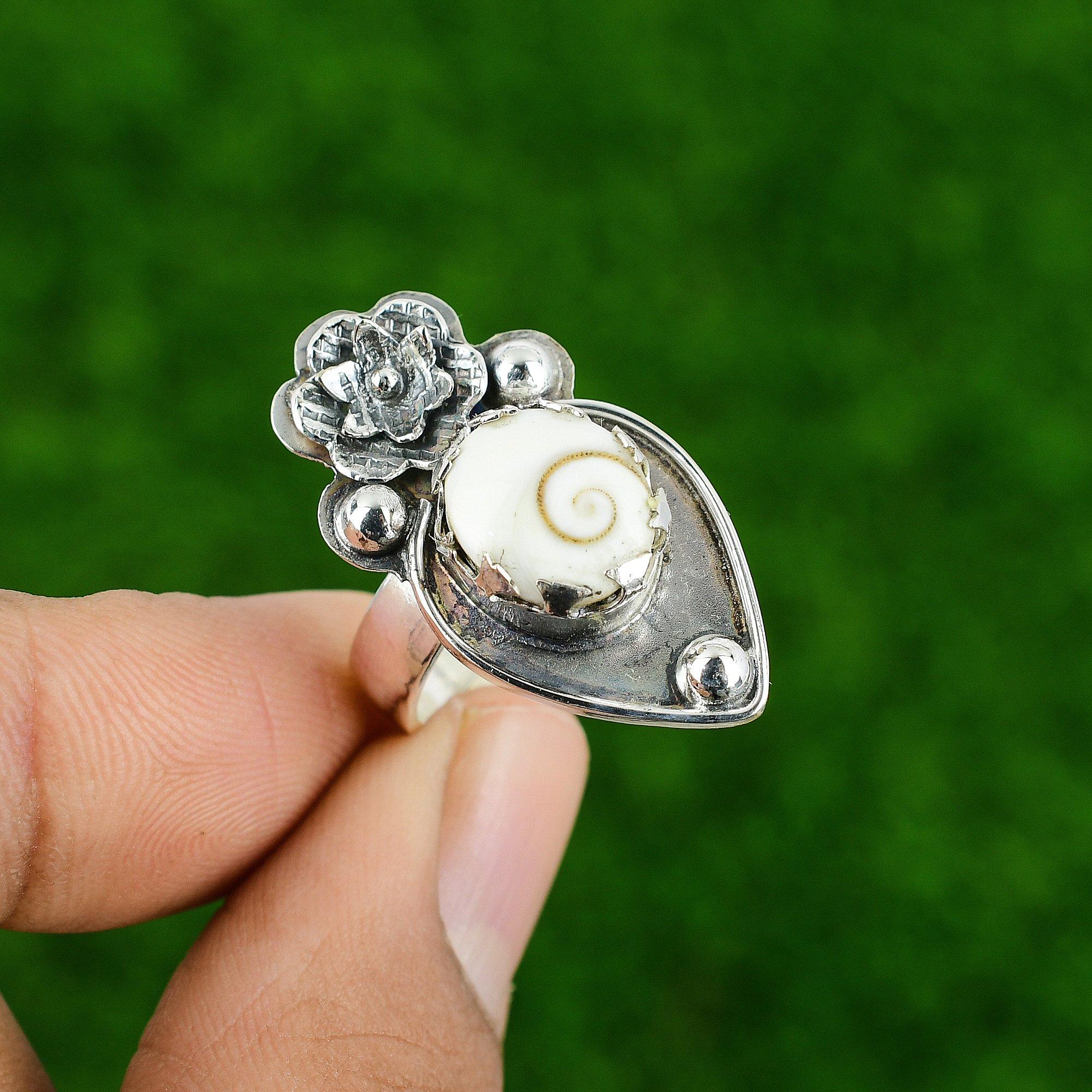 Gift For Her Natural Shiva Eye Shell Promise Flower Adjustable Ring 925 Silver