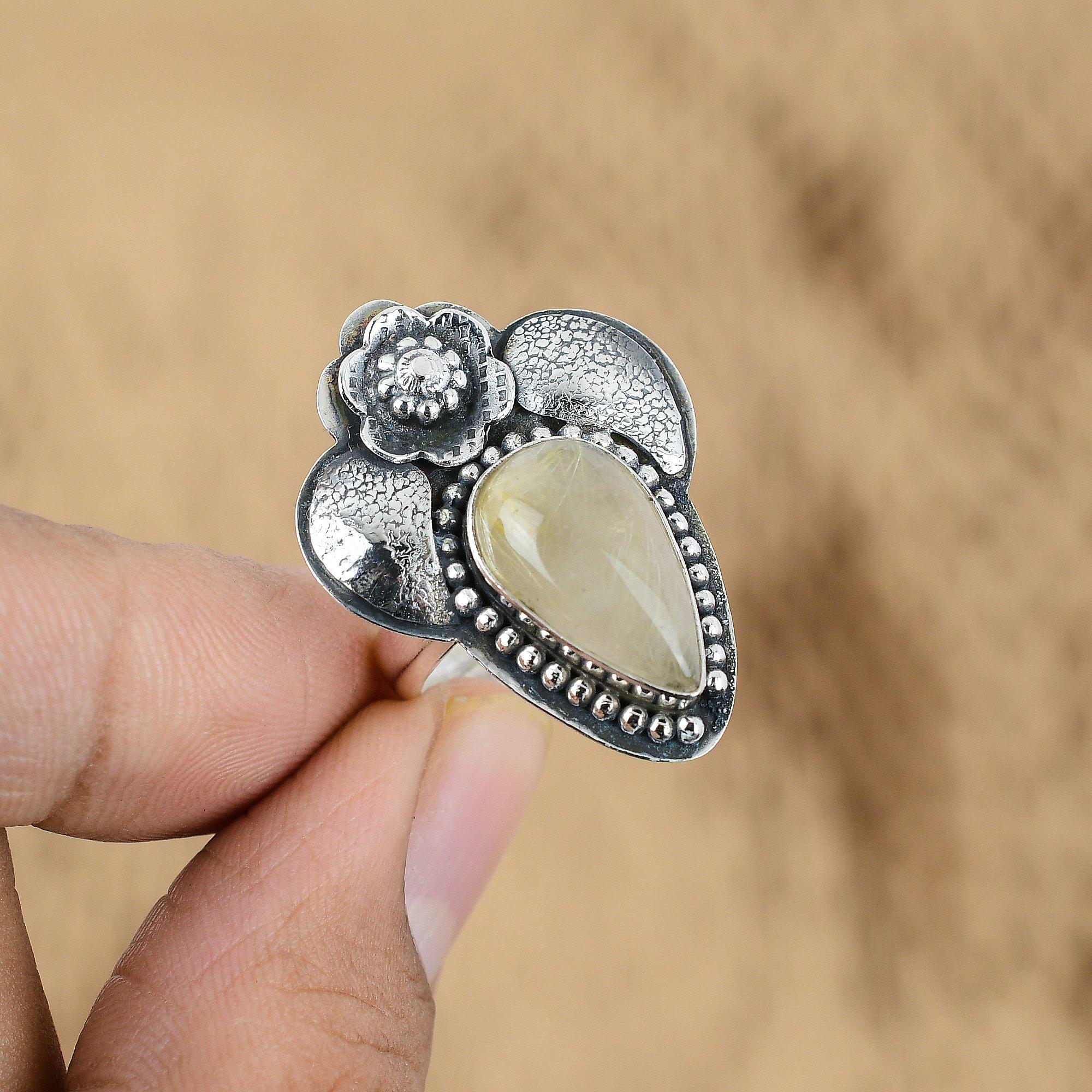 Gift For Her 925 Silver Natural Golden Rutile Multi Stone Flower Adjustable Ring