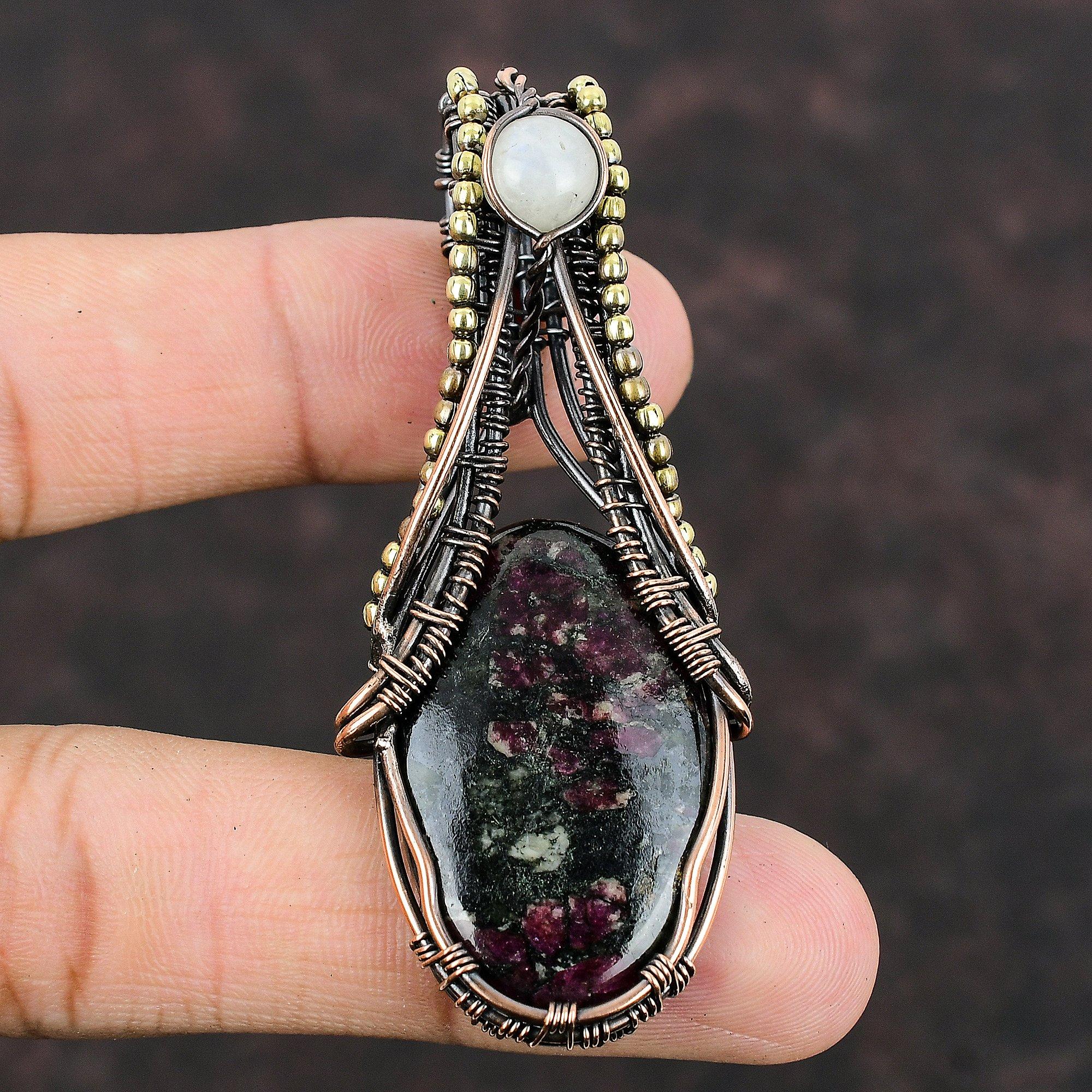 Медный кулон с эвдиалитом, подвеска из медной проволоки, ювелирные изделия ручной работы, подвеска с лунным камнем и драгоценным камнем, подарок для женщин, упаковка ювелирных изделий с эвдиалитом