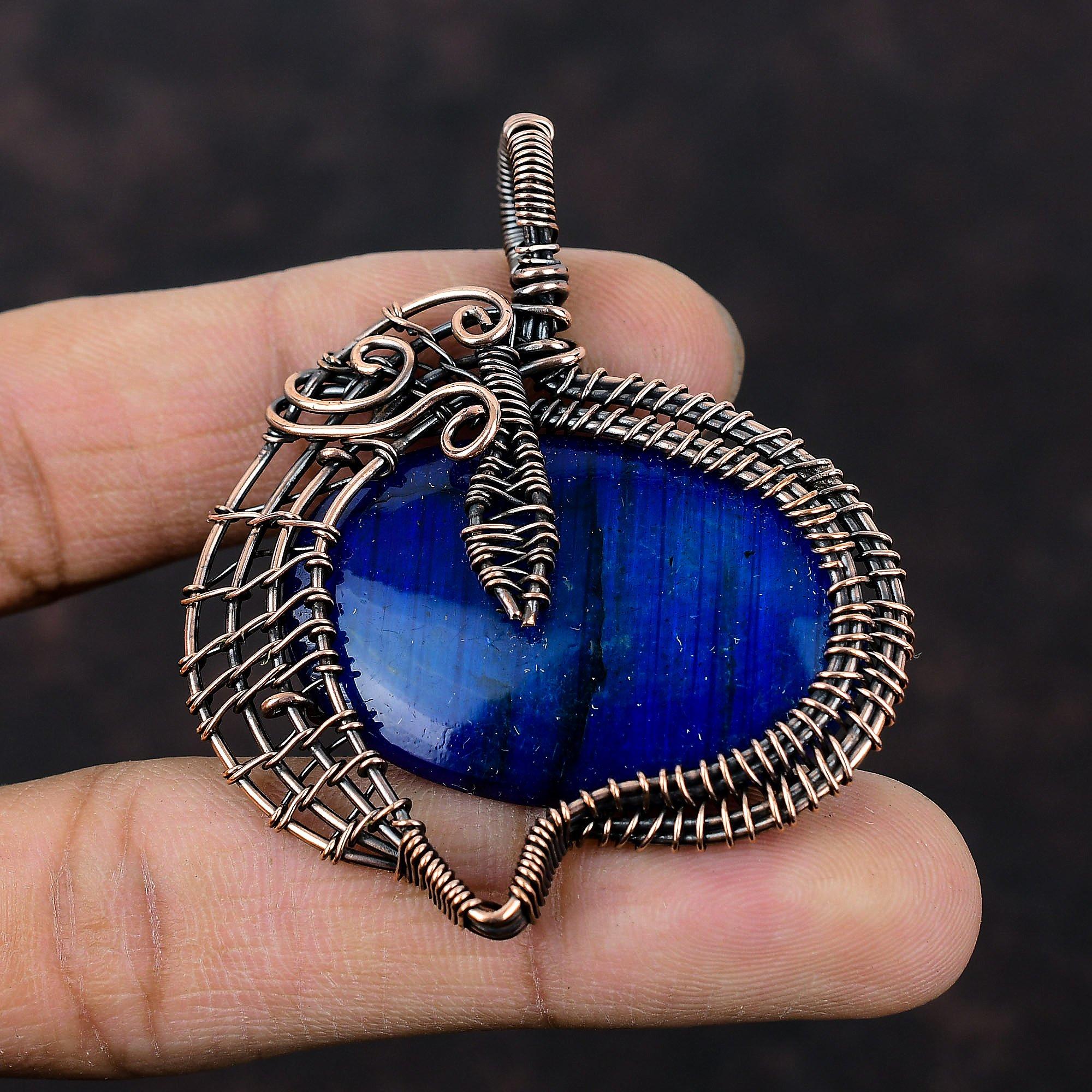 Подвеска из синего огненного лабрадорита, подвеска из медной проволоки с драгоценным камнем, подвеска ручной работы, изящная медная бижутерия, подвеска для подарка, ювелирные изделия с проволочной обмоткой