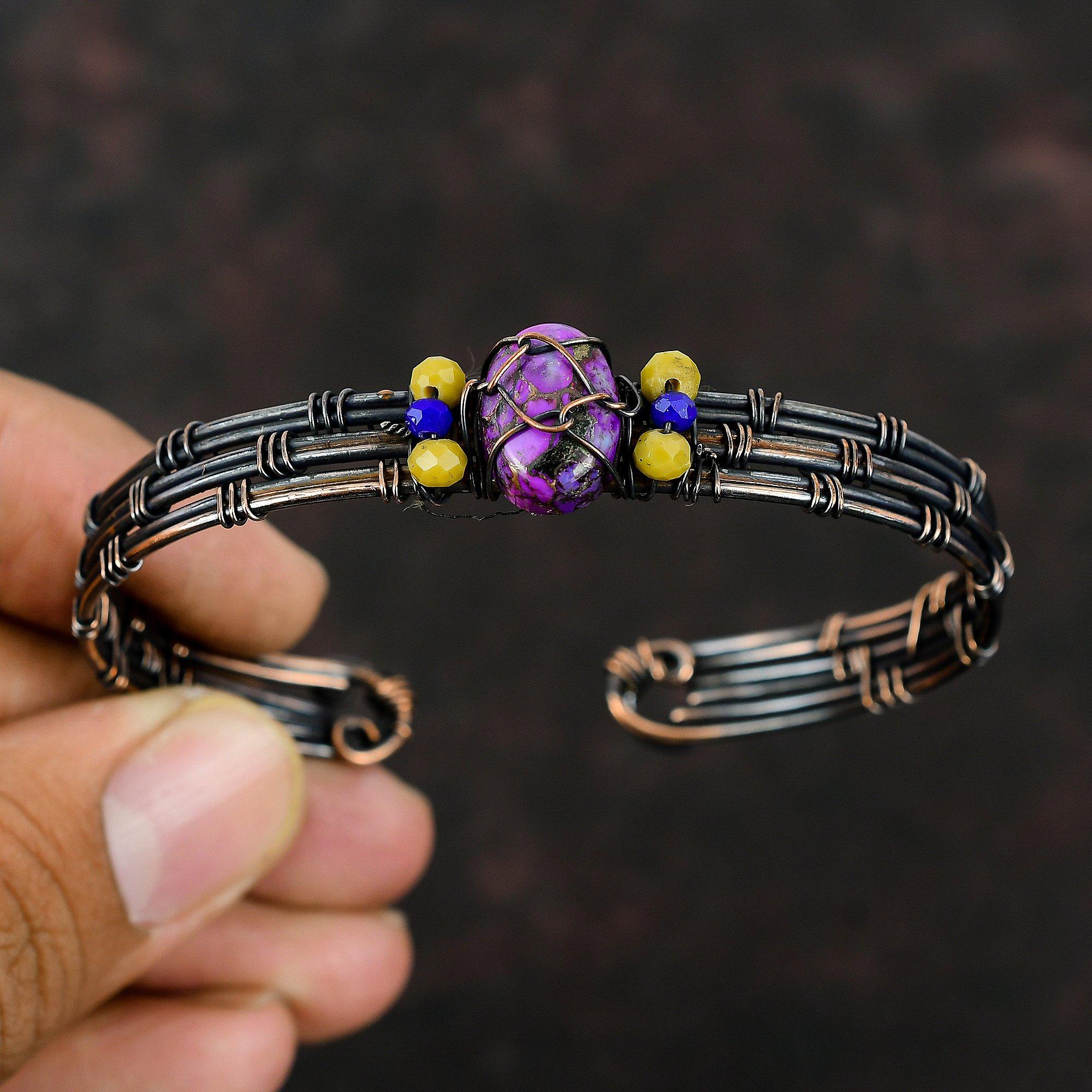 Медный Фиолетовый Бирюзовый Браслет Желтый Коралл и Лазурит Бусы Манжеты Медная проволока Ювелирные Изделия Регулируемый Браслет Драгоценный Камень Манжета Ручной Работы