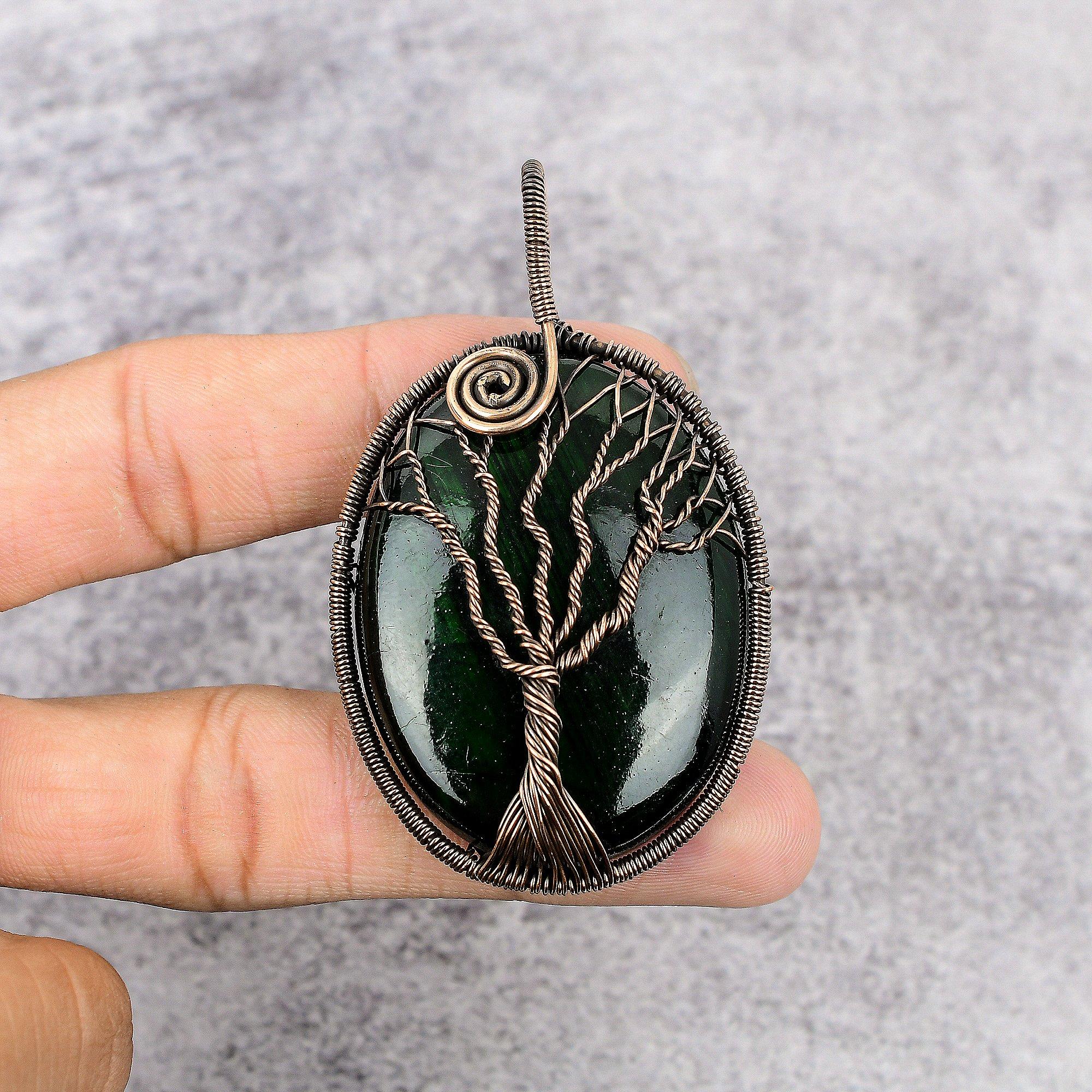 Tree Of Life Green Zade Pendant, 999 Copper Wire Wrapped Gemstone Jewelry, Handmade Pendant, Gift For Love