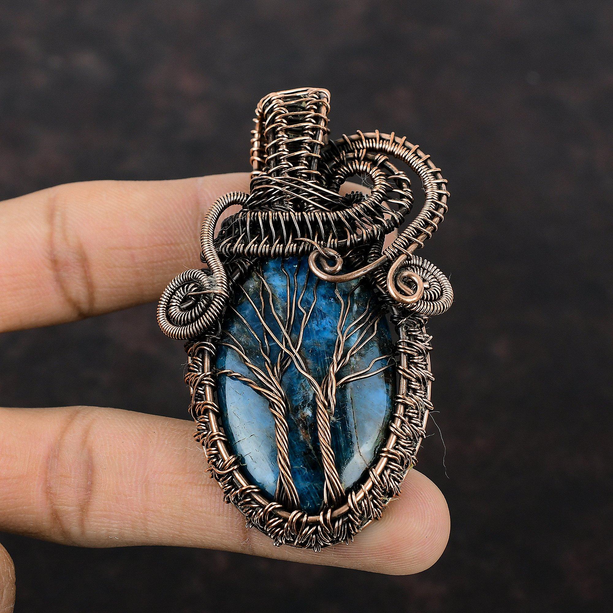 Древо Жизни Неоновый Апатит Подвеска Медная Проволока Обернутая Подвеска Ювелирные Изделия Ручной Работы Из Драгоценных Камней Медная Проволока Обёрточная бумага Ювелирный Подарок Для Него Женский Подвеска