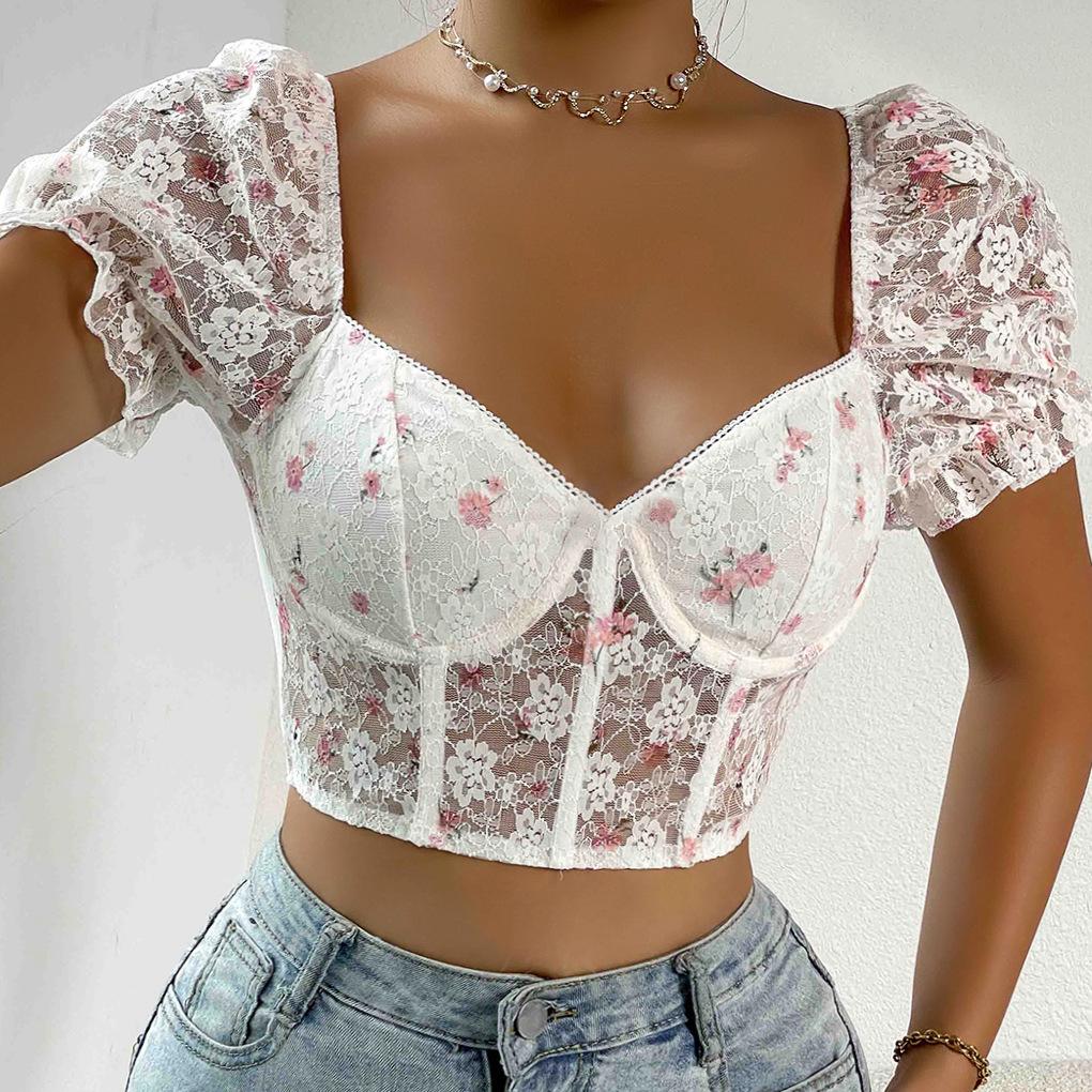 Casual V Neck LaceT Shirt Mesh Short Sleeve Crop Top Women Embroidered Flower T-shirt Casual Tank Top Slim Female Crop Top Fashion Tee Shirt Y2k