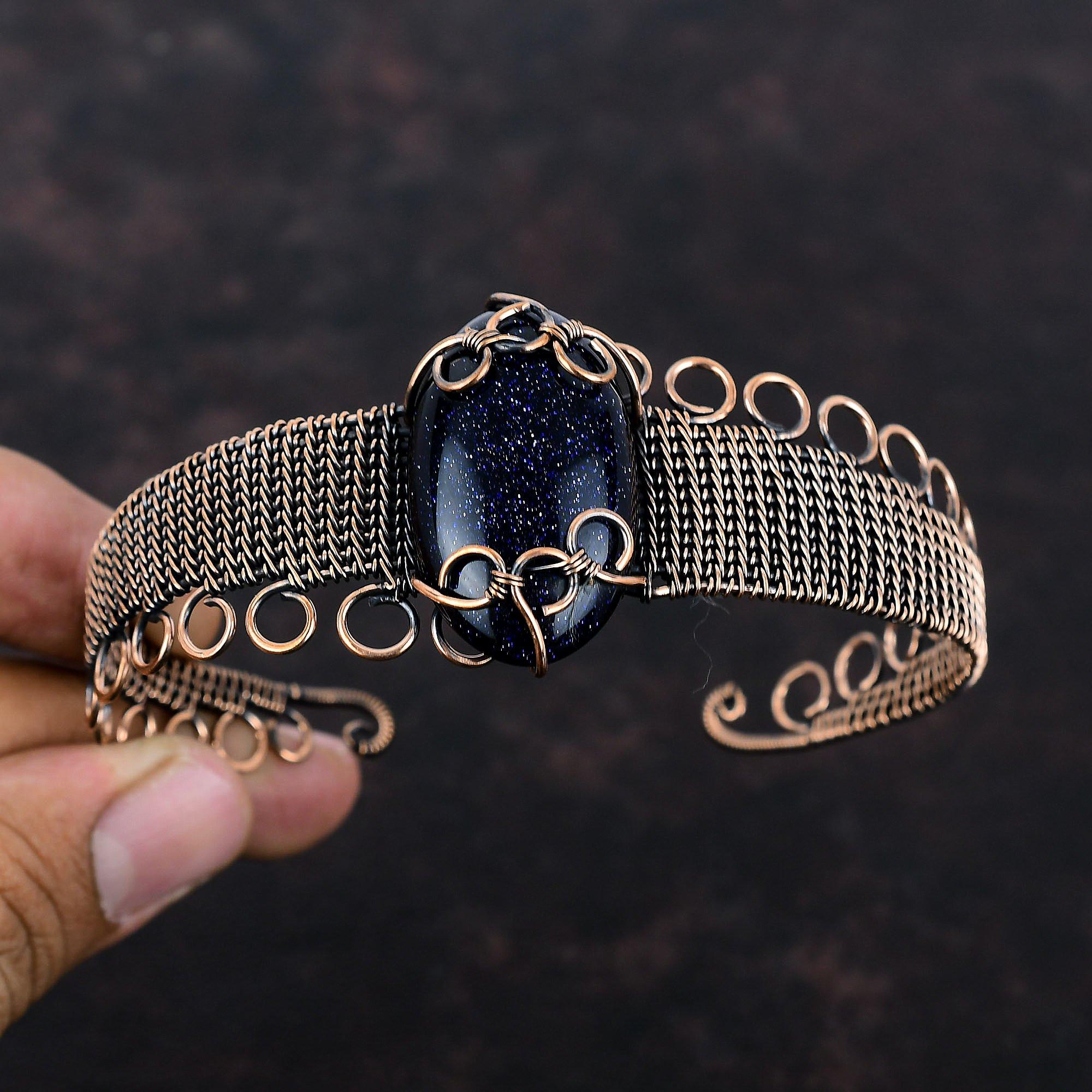 Синий браслет из солнечного камня, браслет-манжета с медной проволокой, ювелирные изделия из драгоценных камней, регулируемый браслет-манжета, браслет с медной проволокой, ювелирные изделия ручной работы
