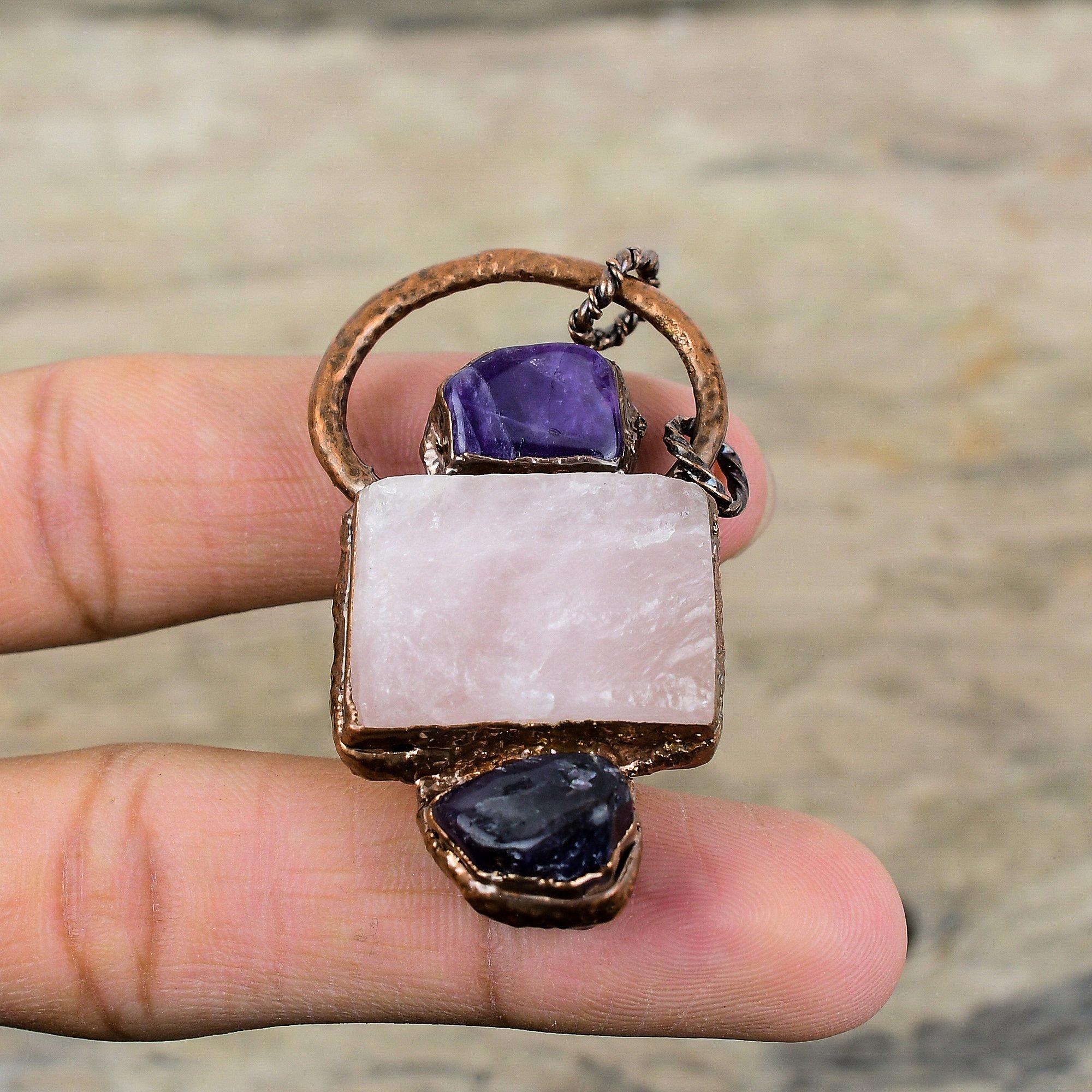 Rose Quartz Rough Pendant Electroformed Copper Pendant African Amethyst Rough Jewelry Gemstone Pendant Electroformed Jewelry Pendant For Her