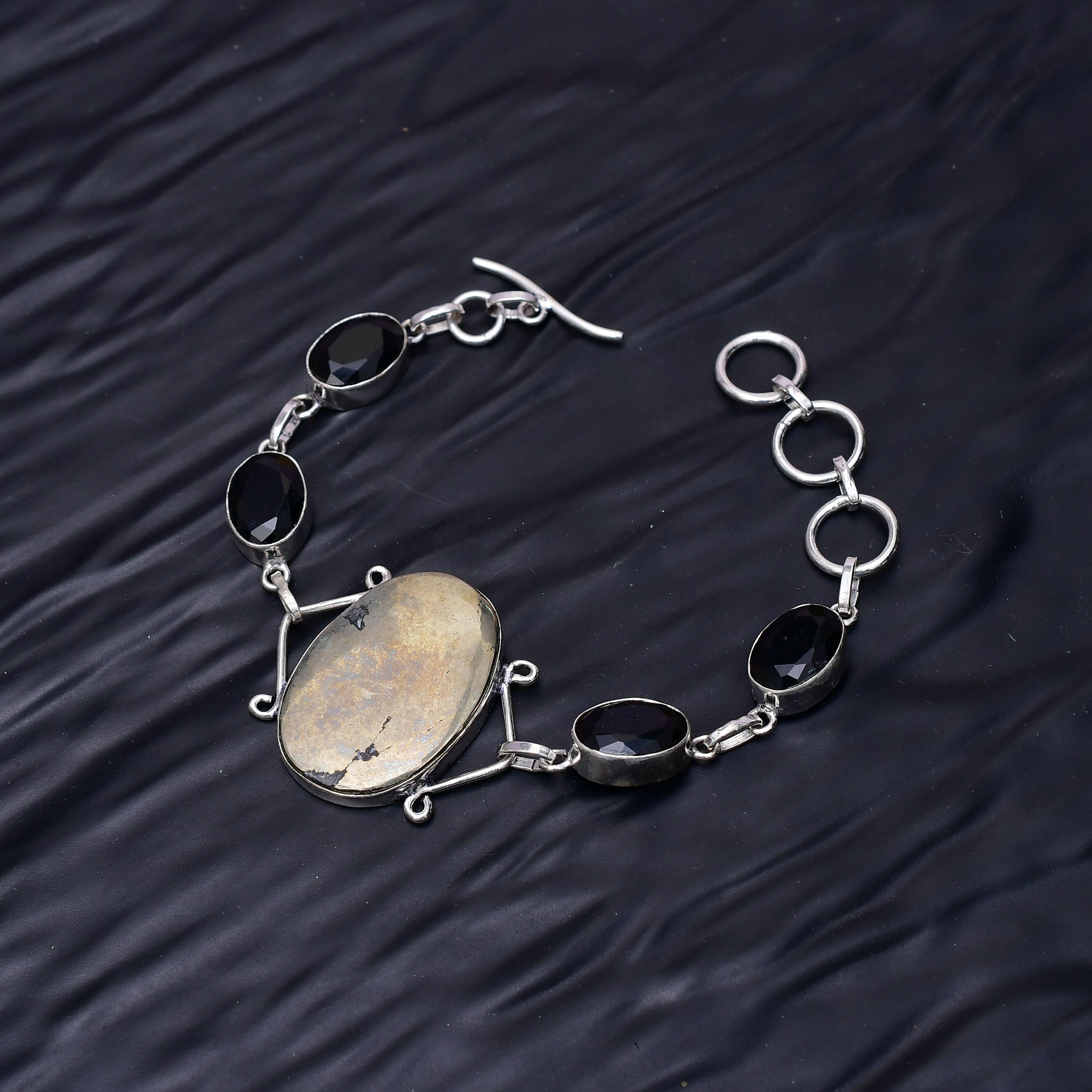 Golden Pyrite & Black Onyx Gemstone : 925 Sterling Silver Handmade Multi Gemstone Bracelet Jewelry