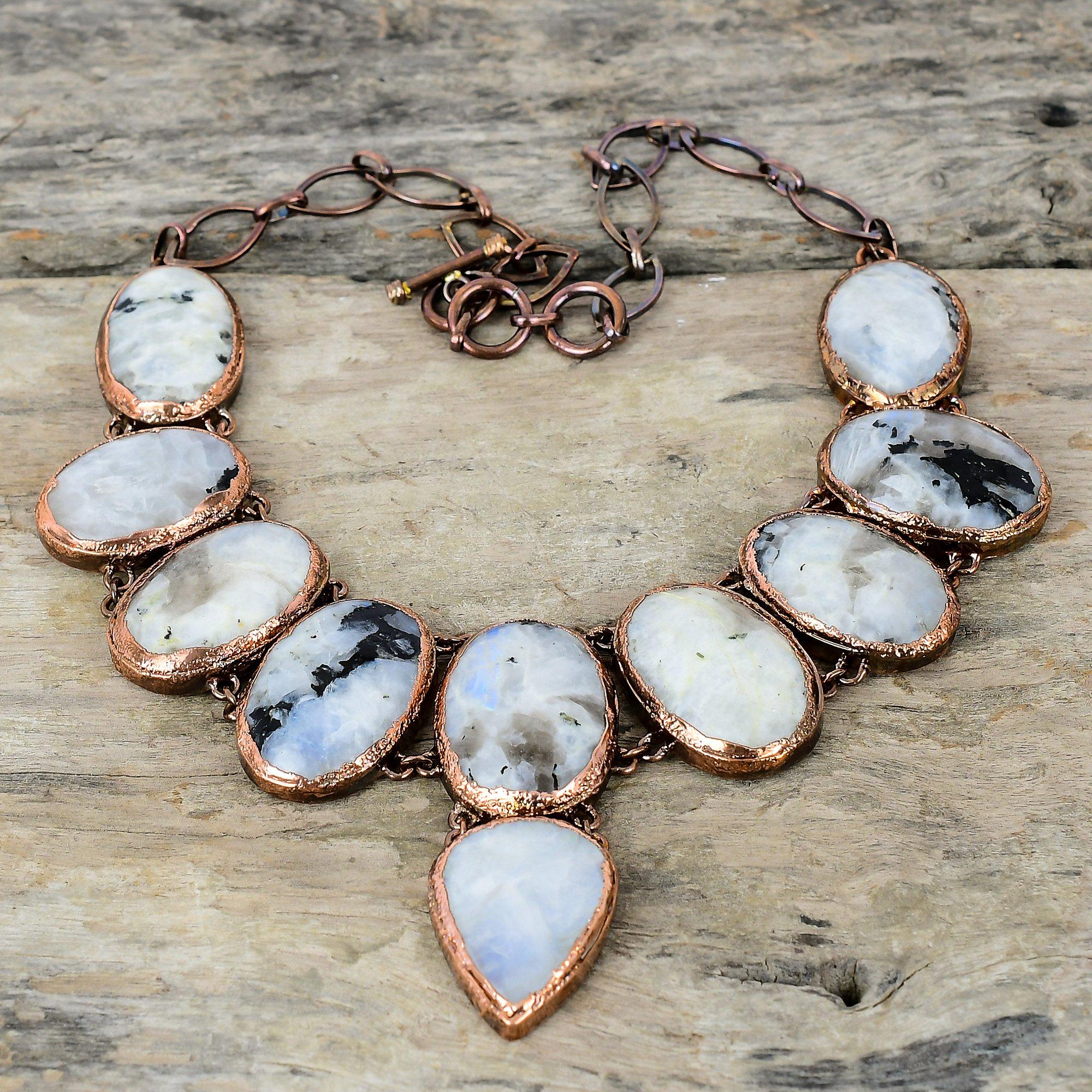 Ожерелье из радужного лунного камня Ожерелье из электроформованной меди Регулируемая цепочка Ожерелье Изысканное ожерелье из драгоценных камней Медные украшения ручной работы для подарка