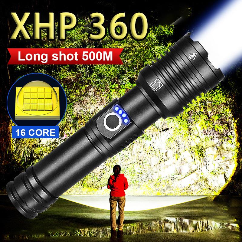 High Power Torch XHP360 LED Flashlight Self-protection Torch Light Waterproof Lamp Zoomable Flash Light Long Range Lantern