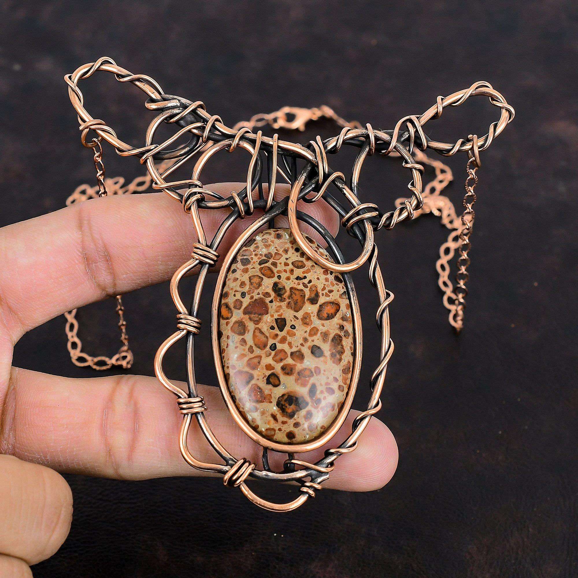 Ожерелье с астероидом Яшма, обернутое медной проволокой, Ожерелье ручной работы из натуральных драгоценных камней, Ожерелье с регулируемой цепочкой, Медные украшения, Подарки для жены