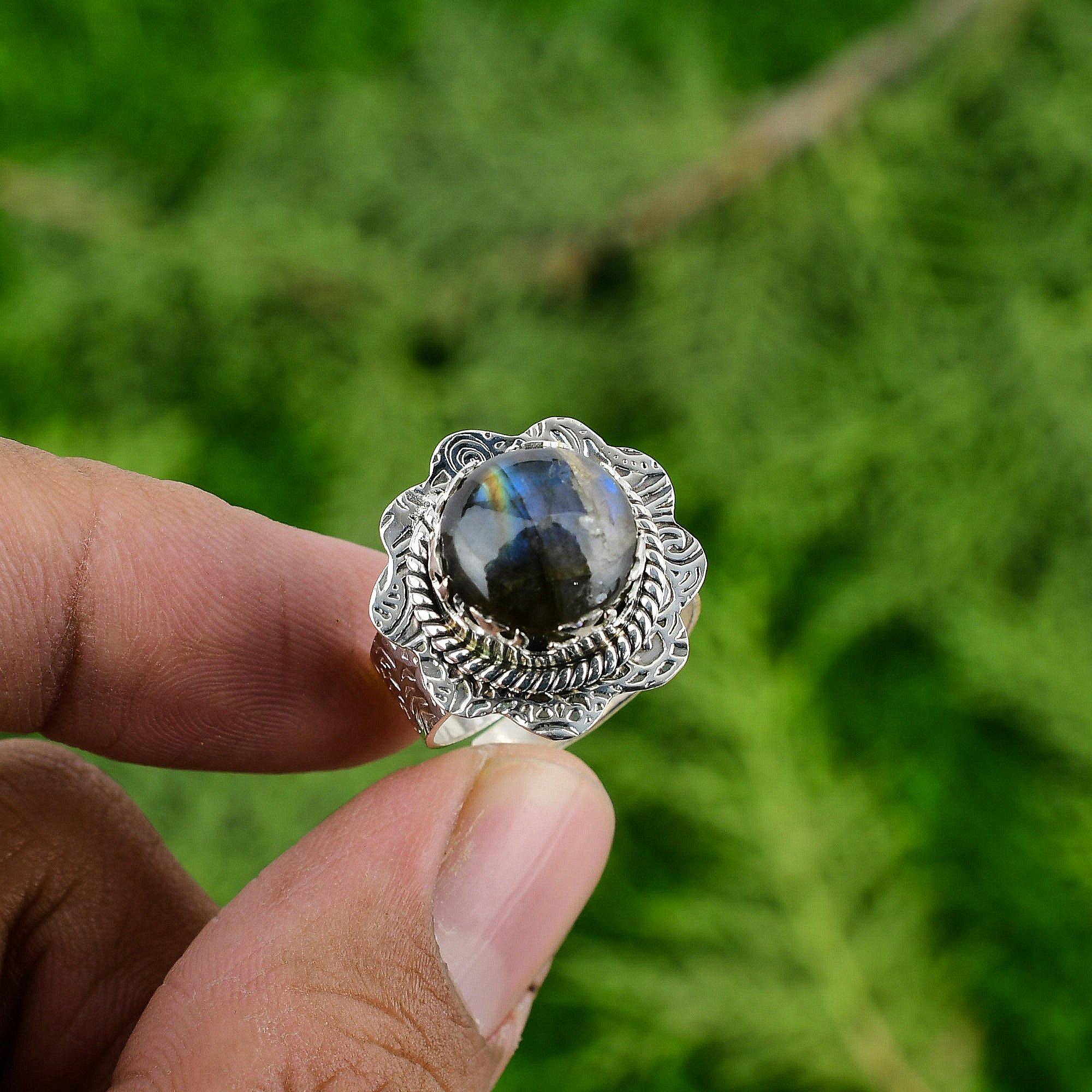 925 Sterling Silver Labradorite Stone Engagement New Promise Unique Ring Jewelry