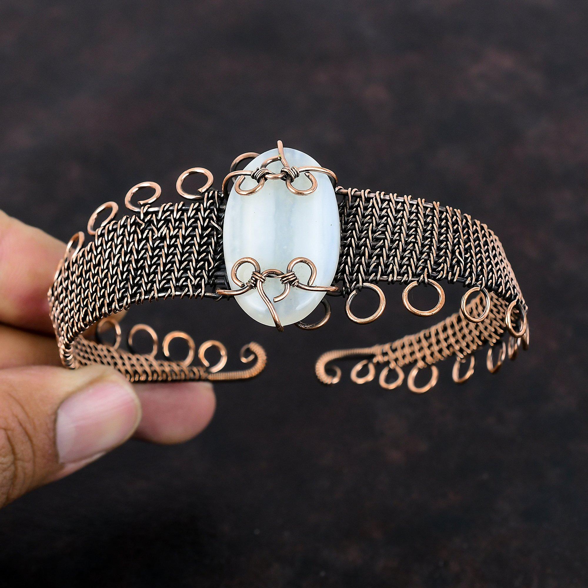 Ботсванский агатовый браслет, медная проволока, обернутая драгоценным камнем, браслет-манжета, регулируемый браслет, красивые медные ювелирные изделия, подарок для женщин, браслет ручной работы