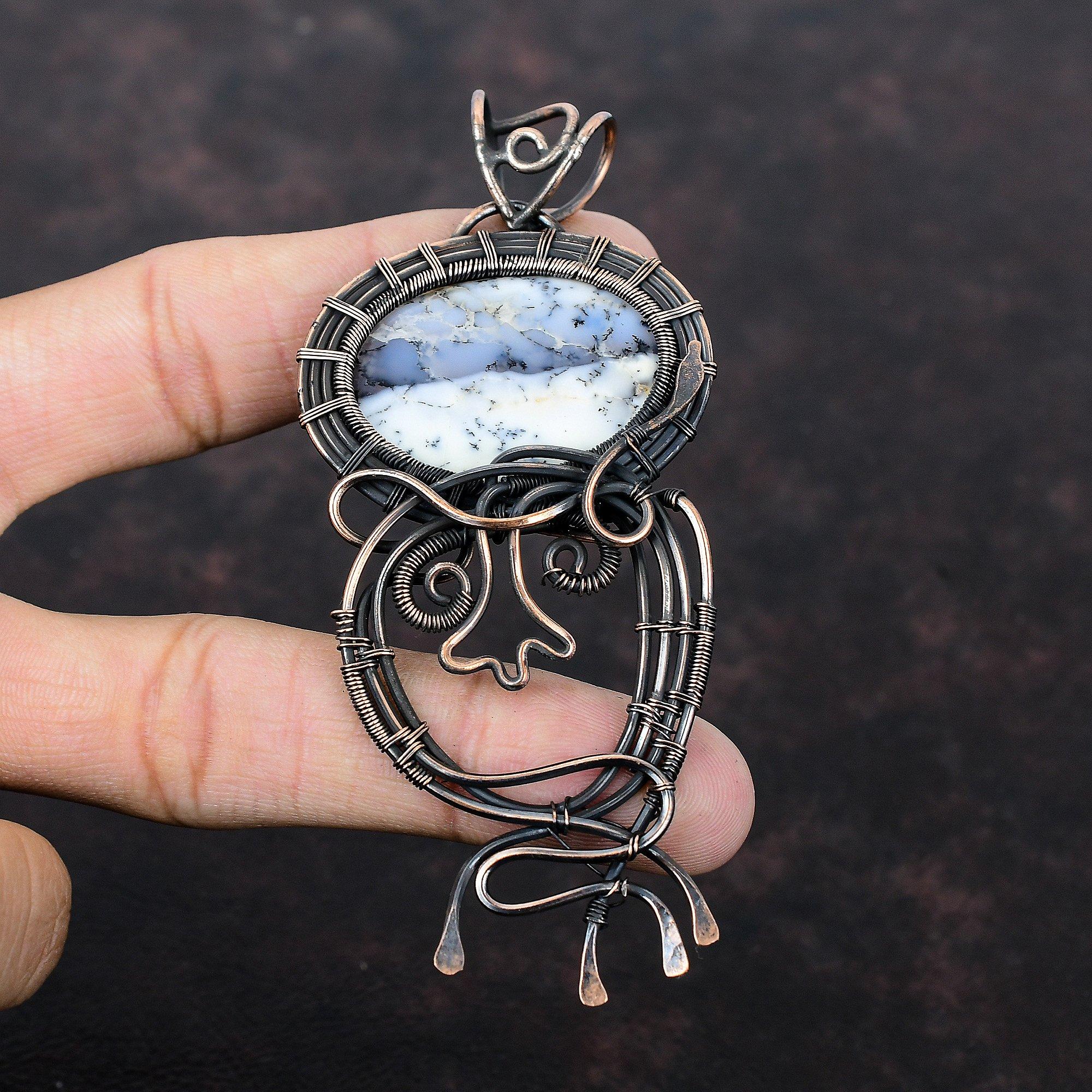 Подвеска из опала дендрита, подвеска из медной проволоки, изящная подвеска из драгоценного камня, ювелирное изделие из медной проволоки, подарок для него, подвеска ручной работы, дизайнерская подвеска