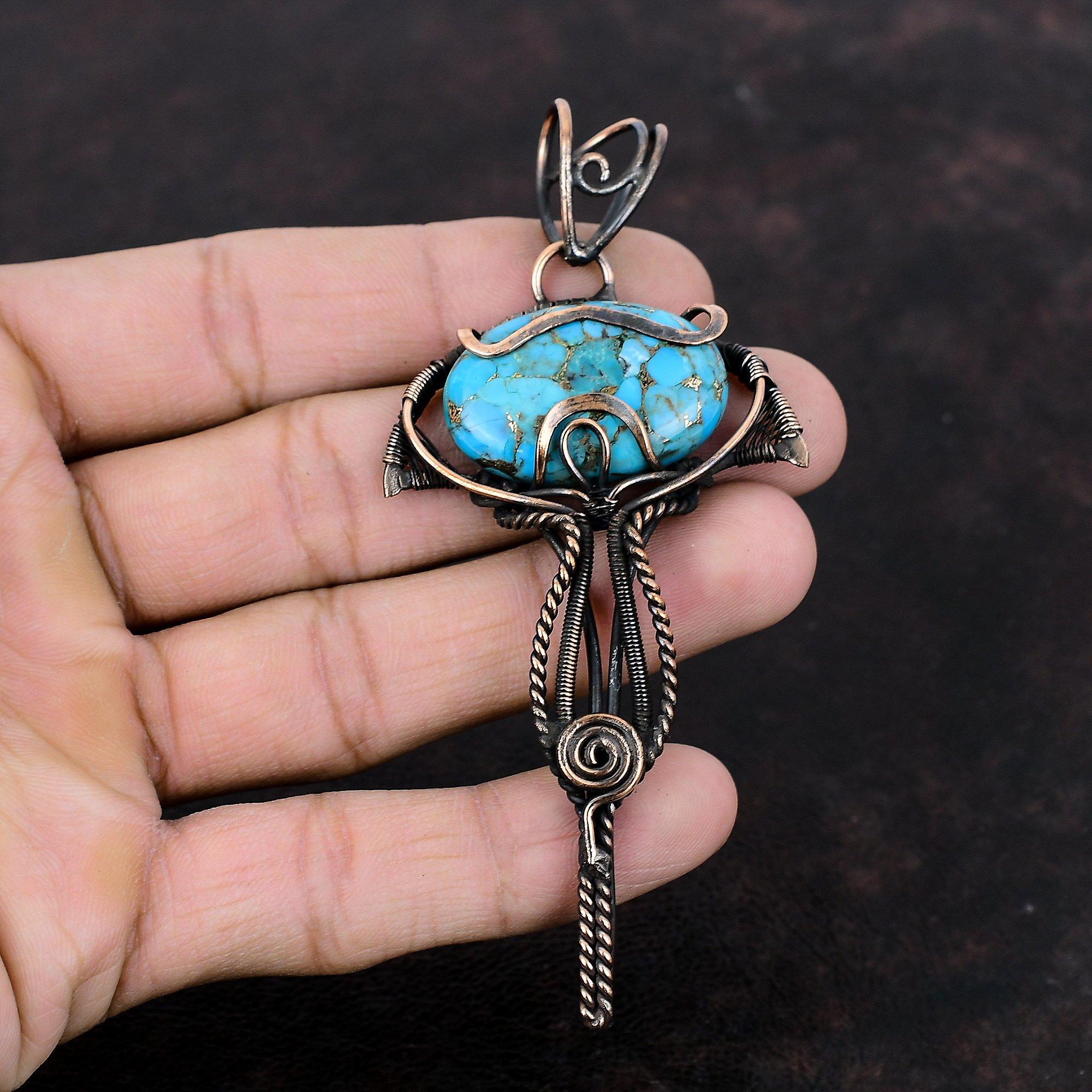 Медно-голубой бирюзовый кулон, обернутый медной проволокой, ювелирное изделие с драгоценными камнями, кулон для женщин, ювелирное изделие ручной работы, обернутый медной проволокой, подарок для нее
