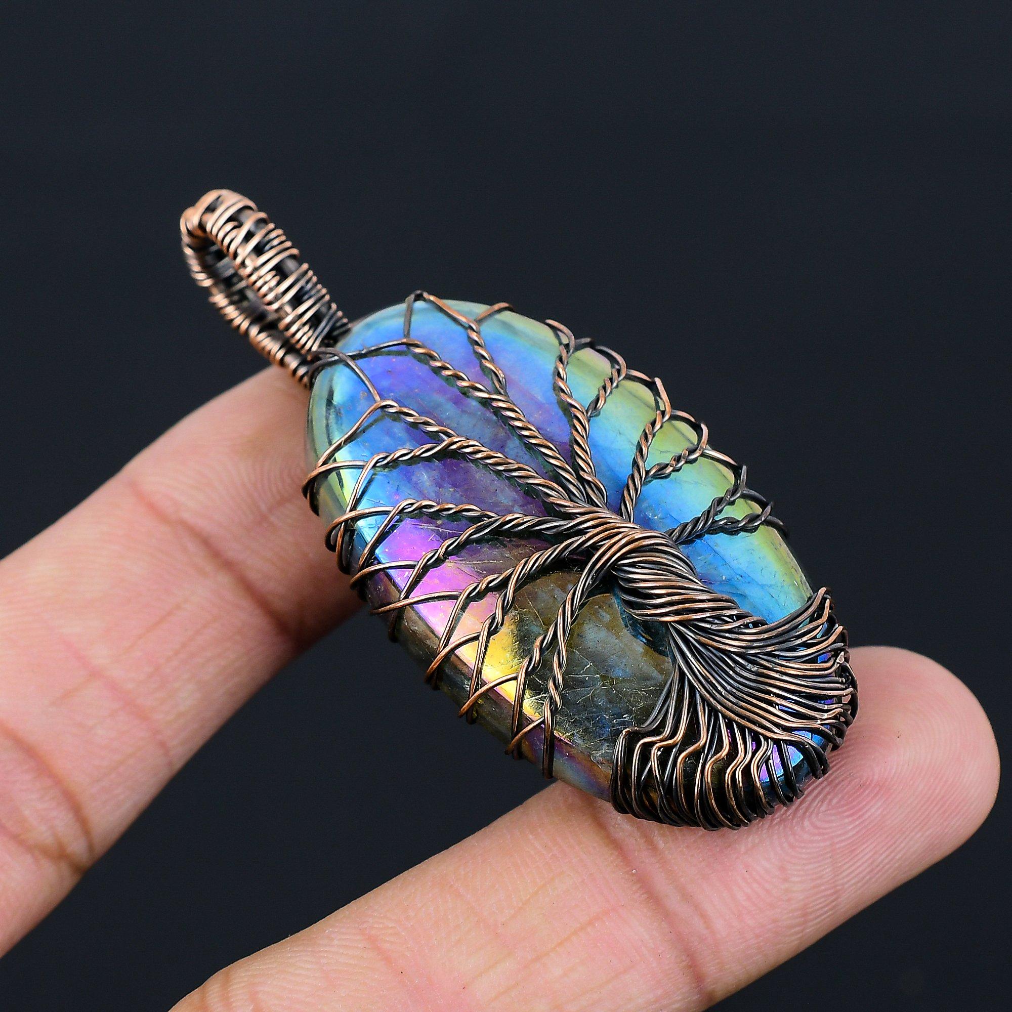 Древо Жизни Радужный Кварц Драгоценный Камень Чистая Медная Проволока Обернутая Ювелирные Изделия Кулон Ручной Работы