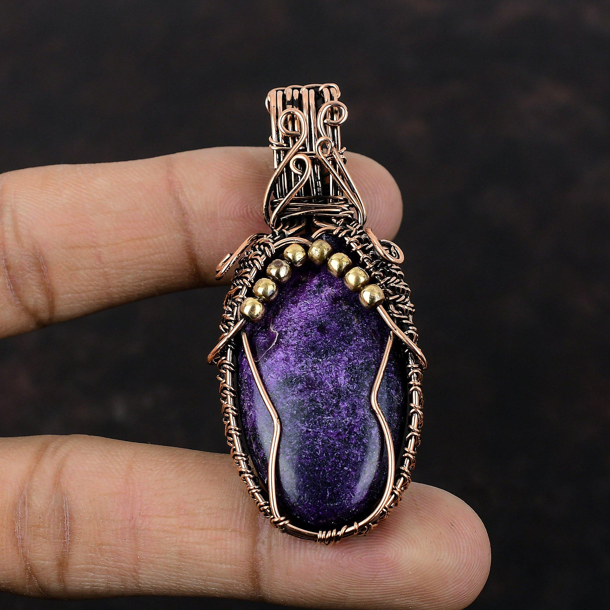 Подвеска из драгоценного камня пурпурит, медная проволочная обертка, подвеска ручной работы, медная подвеска, подвеска из пурпурита, проволочная обертка, подарки на годовщину