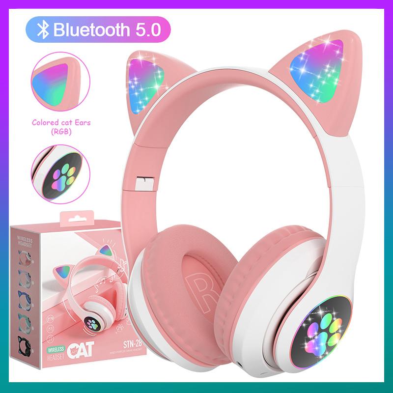 Вспышка-лампа, милые кошачьи уши, наушники Bluetooth5.0, стерео с микрофоном, поддержка TF-карты, беспроводные детские наушники для девочек, подарок на день рождения