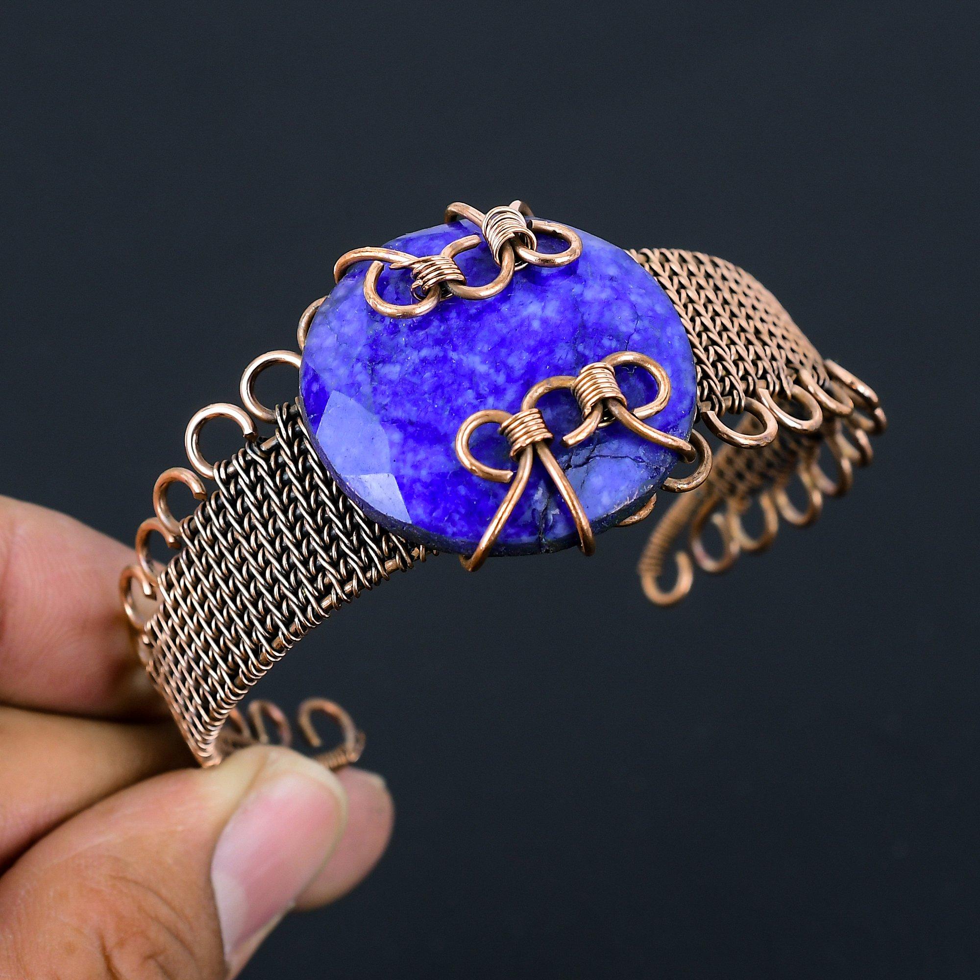 Lab-Created Blue Sapphire Gemstone Pure Copper Wire Wrapped Handmade Cuff/ Bangle Jewelry