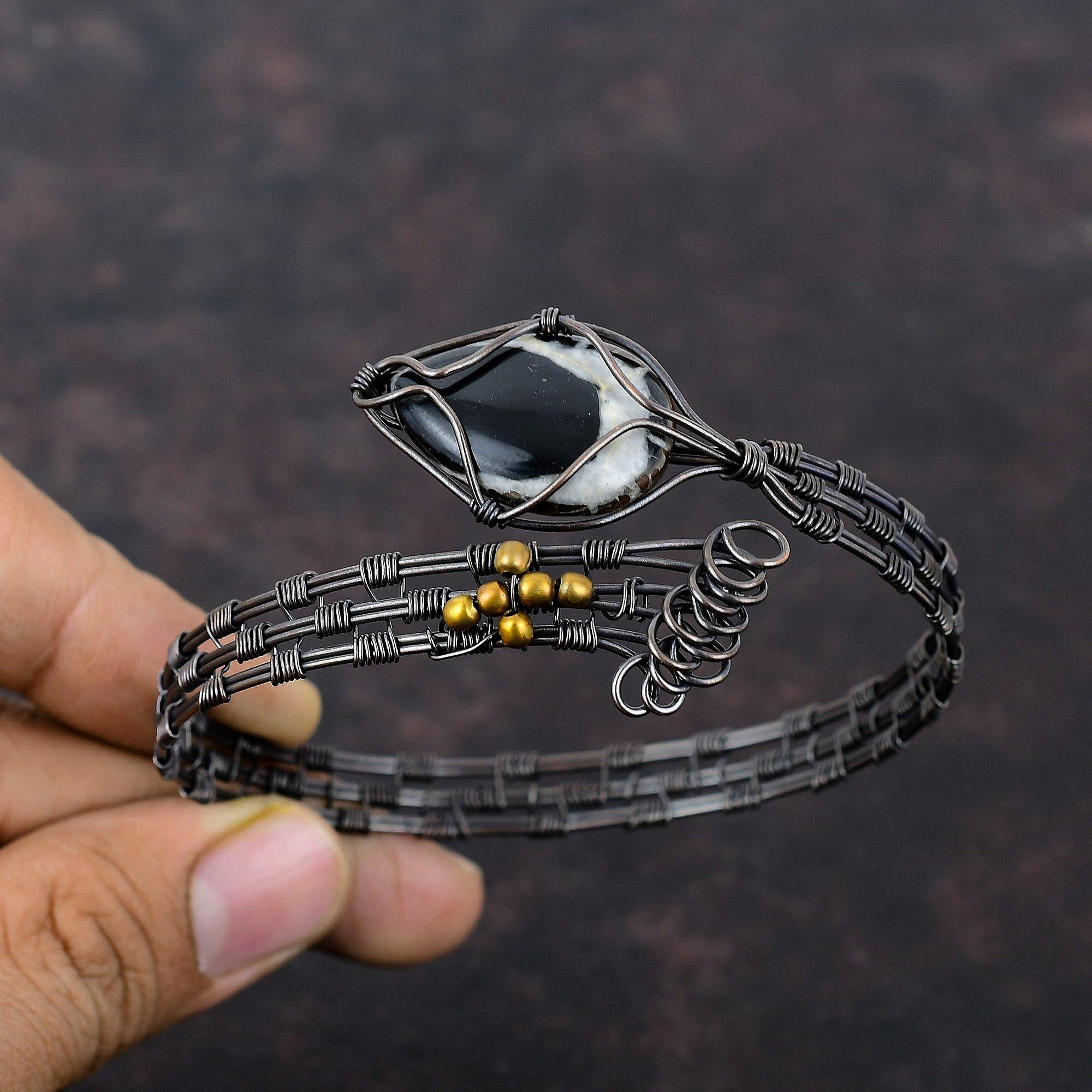 Марокканская грязь трещины окаменелость манжета браслет медная проволока обмотка регулируемый браслет ручной работы медная проволока обмотка ювелирные изделия драгоценный камень браслет для подарка