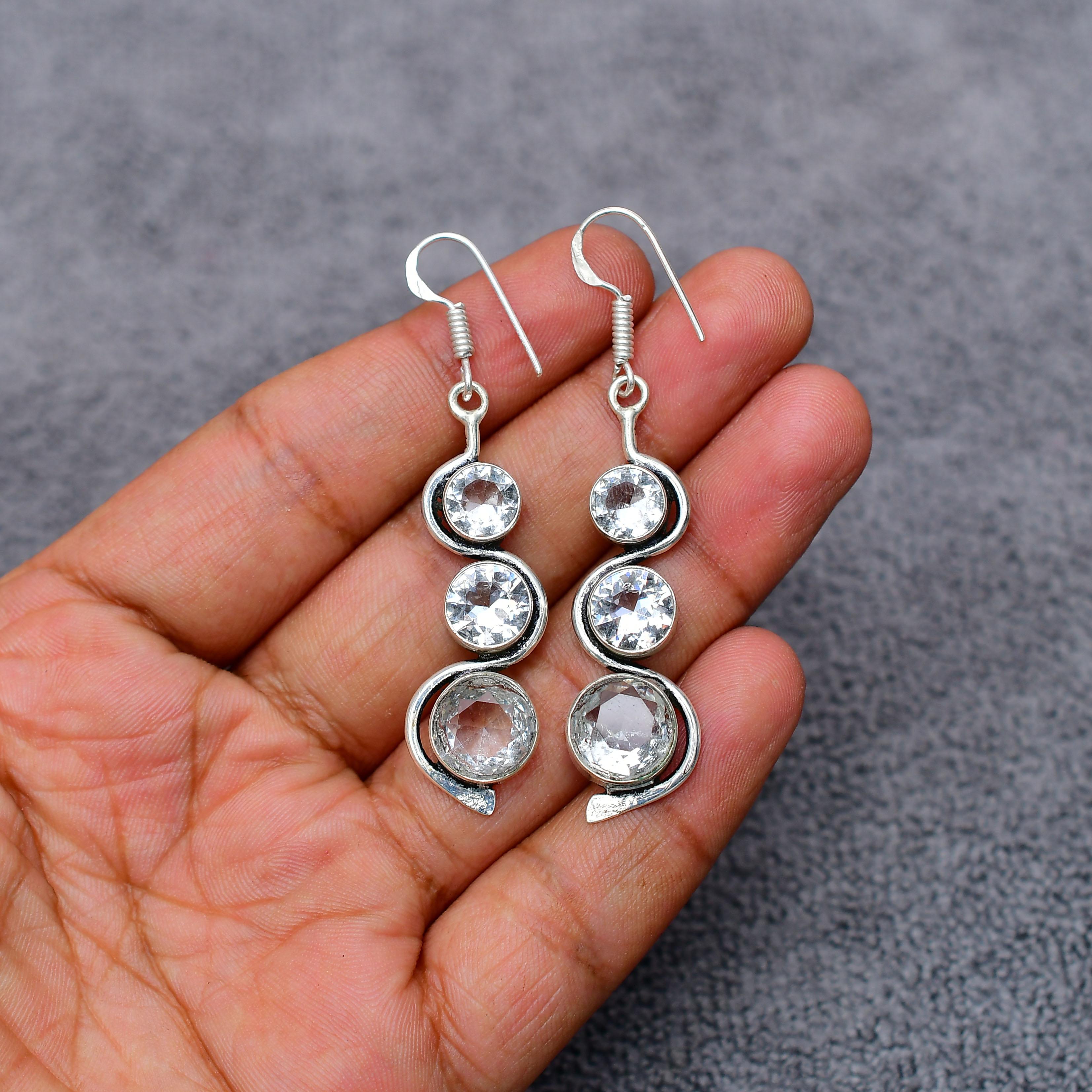 White Topaz Gemstone : 925 Sterling Silver Handmade Long Earring's Jewelry