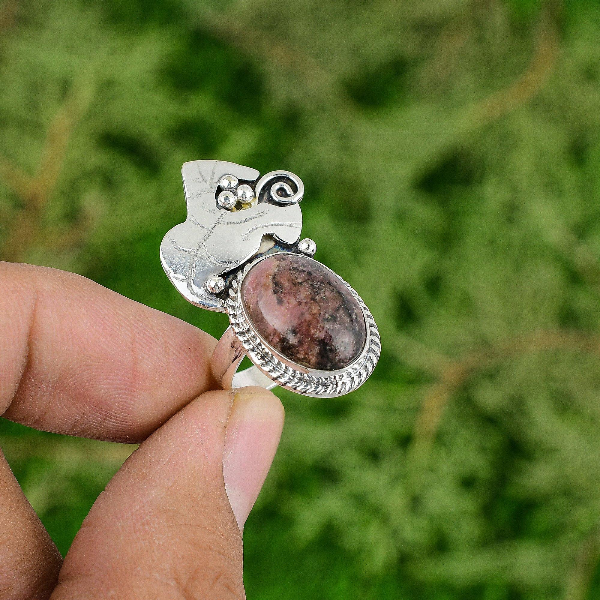 Easter Sale Sterling Silver Rhodonite Stone Boho Promise Bezel Ring Jewelry US 7